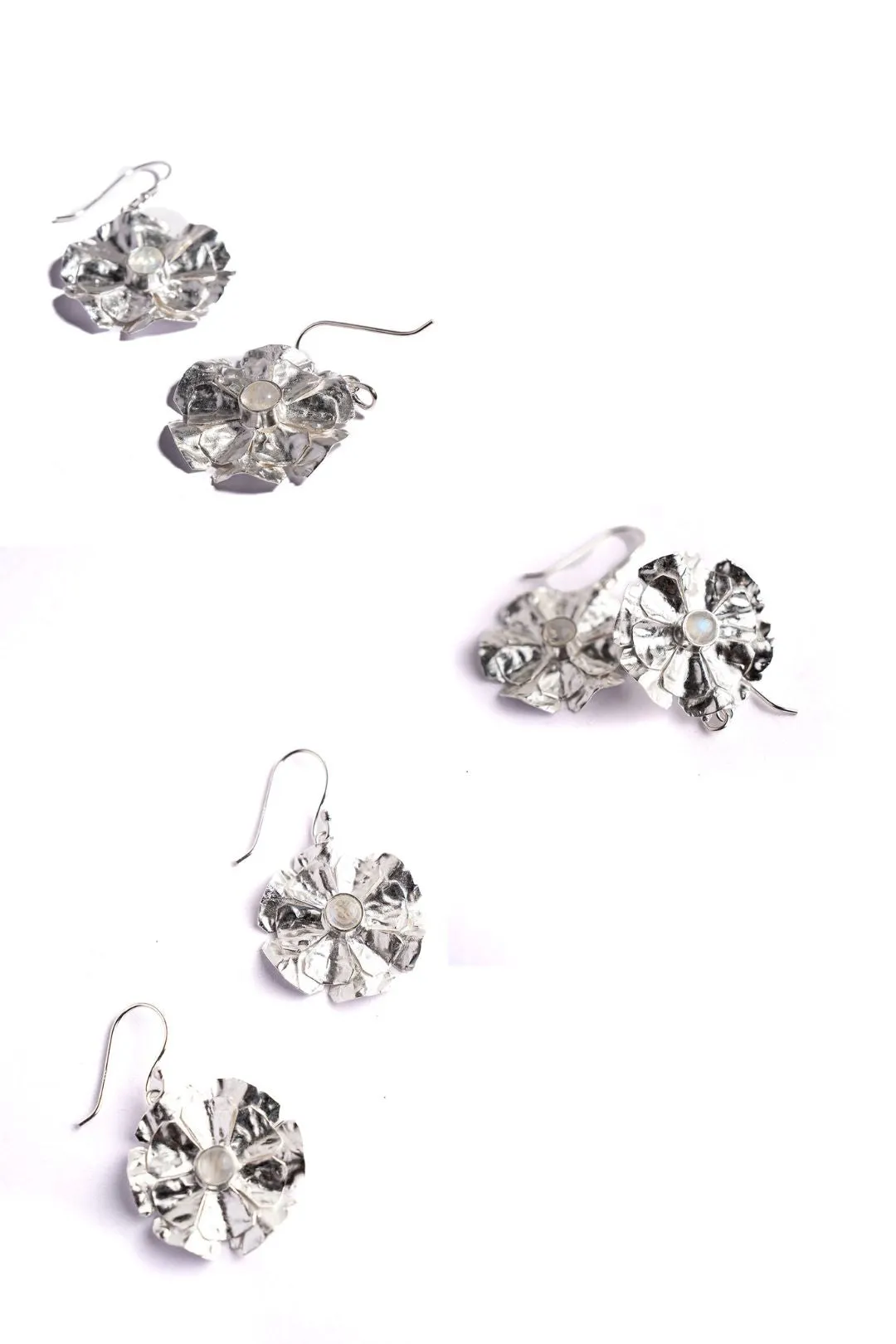 Rainbow Moonstone Floral Earrings - Silver
