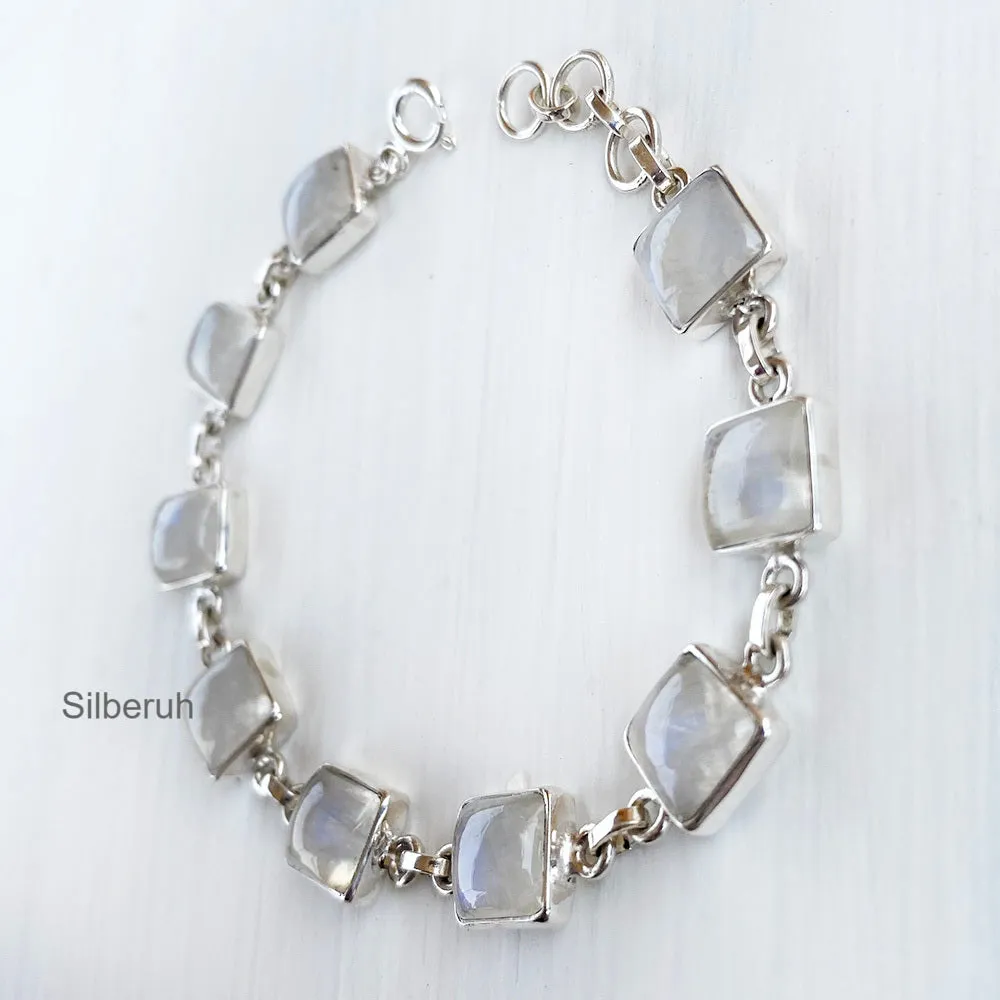 Rainbow Moonstone Square Silver Bracelet