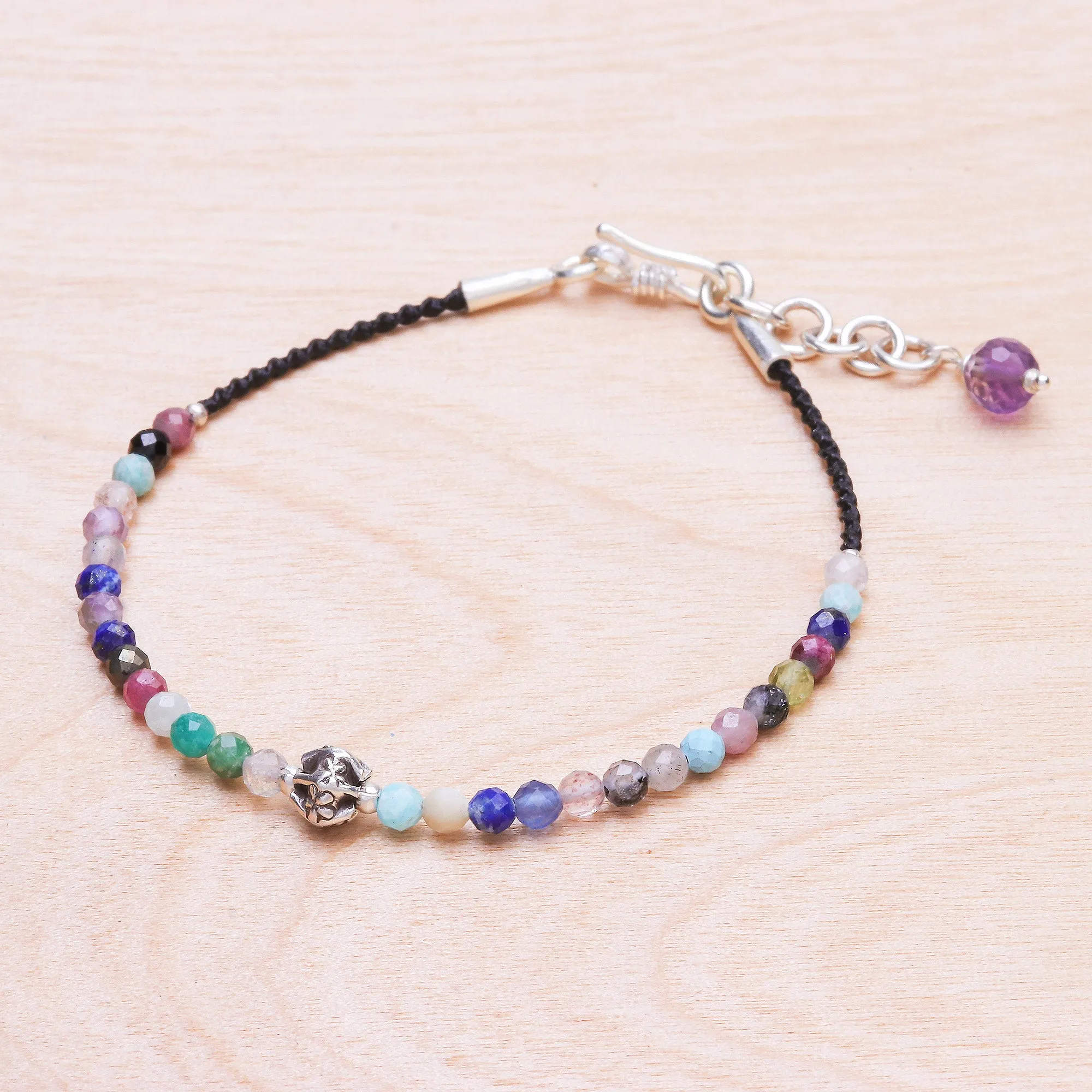 Rainbow Sunset Multi-Gemstone Beaded Cord Bracelet with Karen Silver