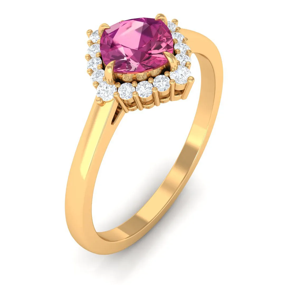 Real Pink Tourmaline Engagement Ring with Diamond Halo