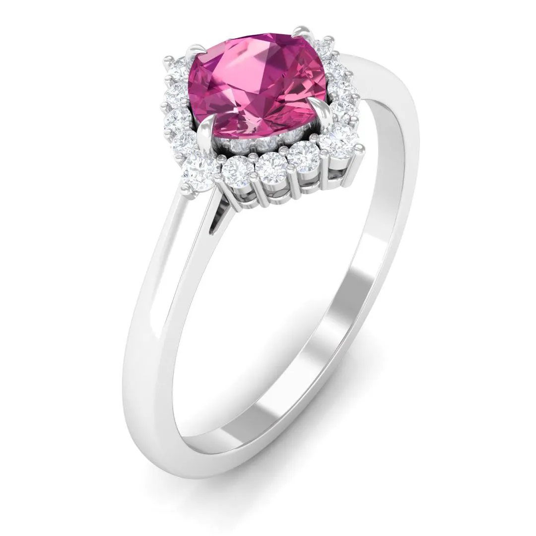 Real Pink Tourmaline Engagement Ring with Diamond Halo