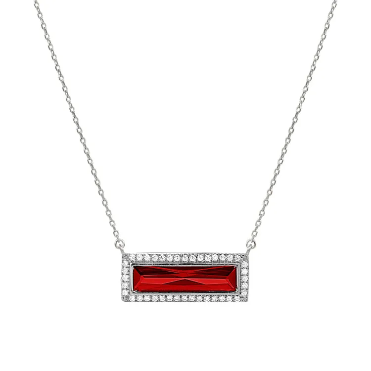 Rhodium Finish Sterling Silver Necklace with Rectangular Simulated Garnet Stone and Simulated Diamonds on 16" - 18" Chain