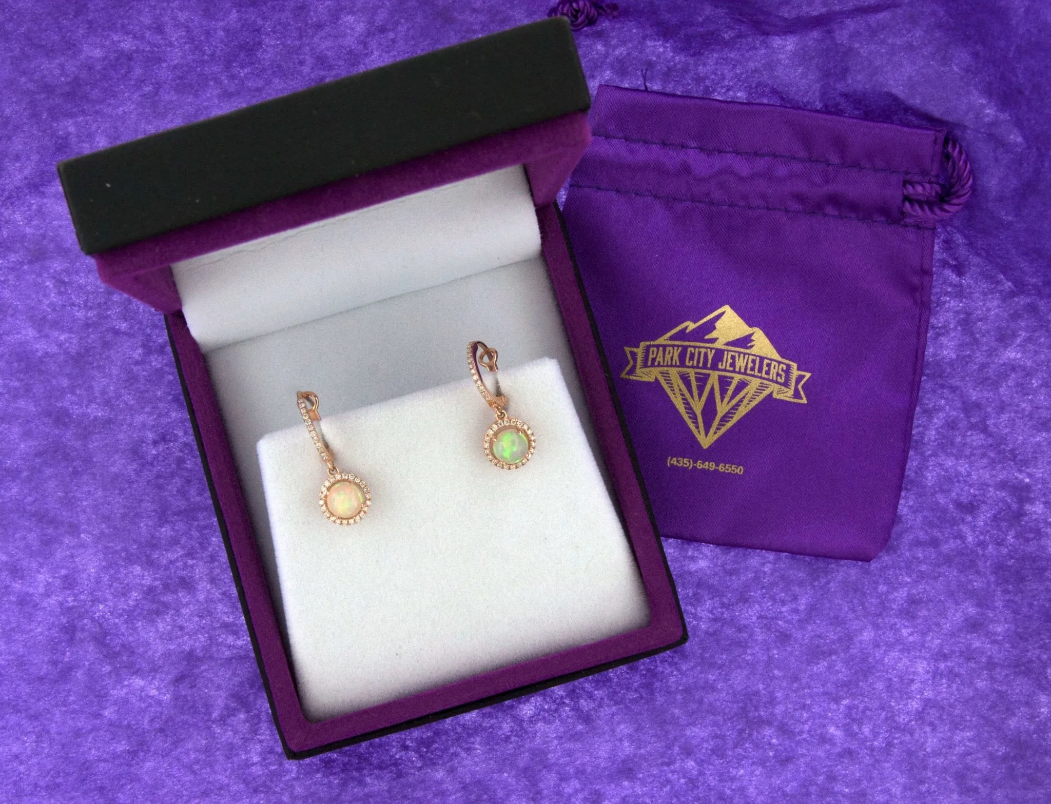 Round Opal Cabochon Dangle Halo Style Earrings