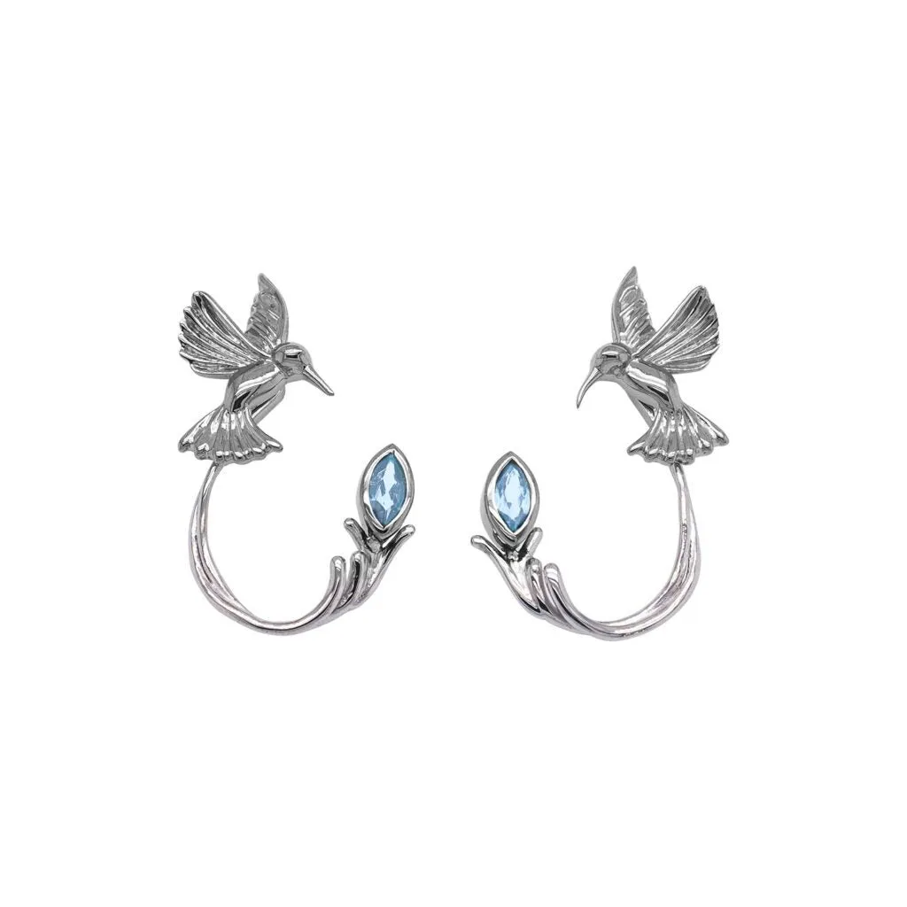 Silver Hummingbird Stud with Earring Jacket -Blue Topaz/Rhodolite/White Topaz/Peridot