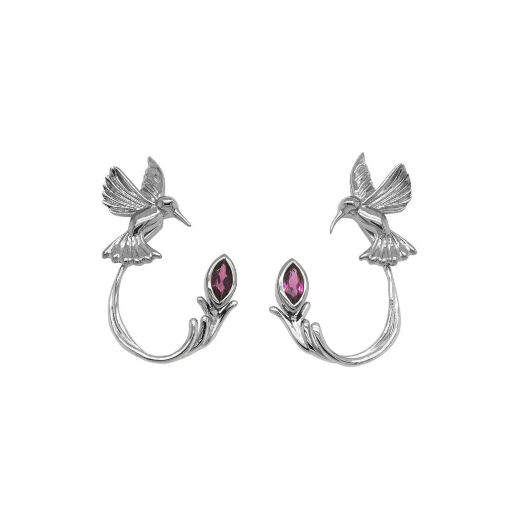 Silver Hummingbird Stud with Earring Jacket -Blue Topaz/Rhodolite/White Topaz/Peridot