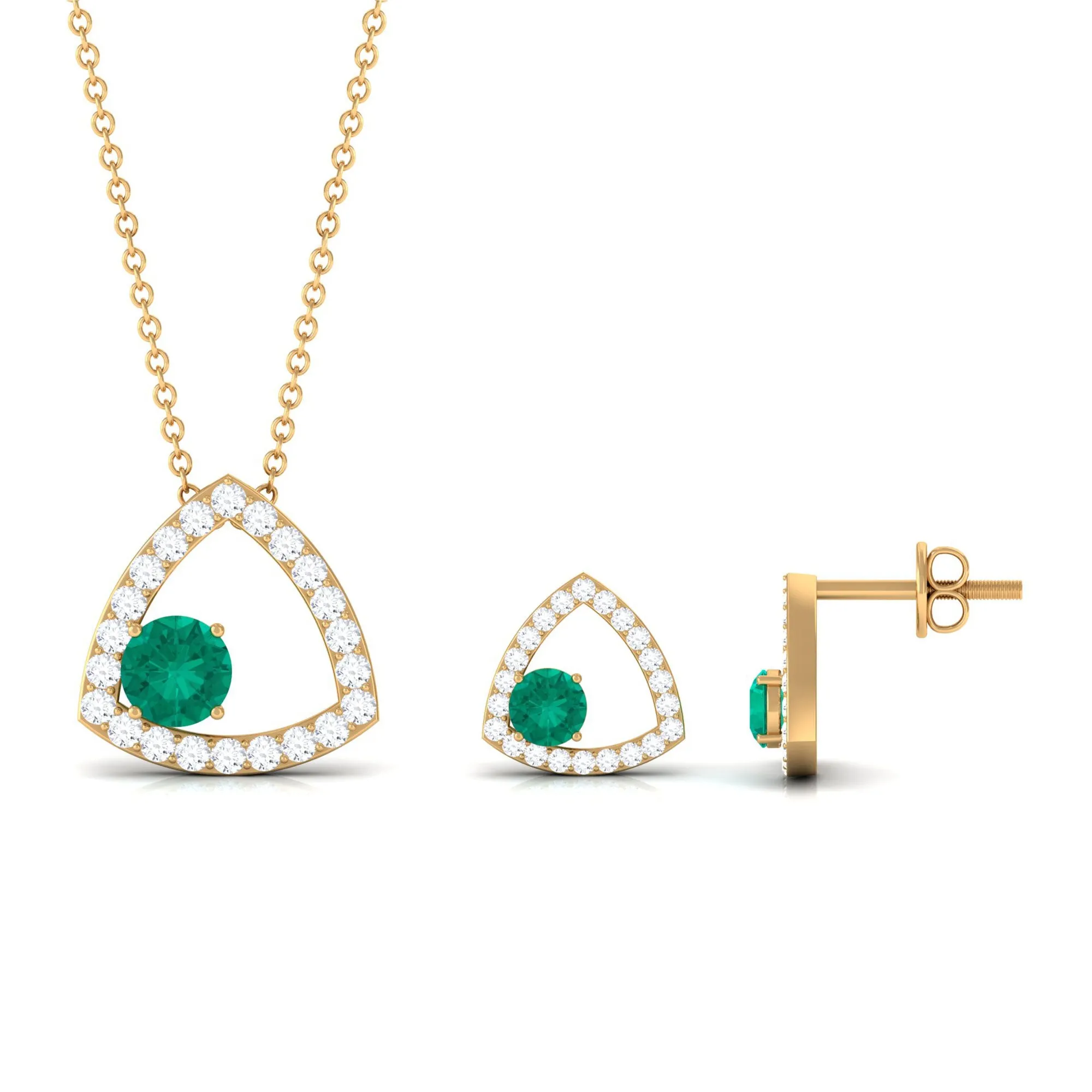 Simple Round Cut Emerald and Triangle Shape Moissanite jewelry Set