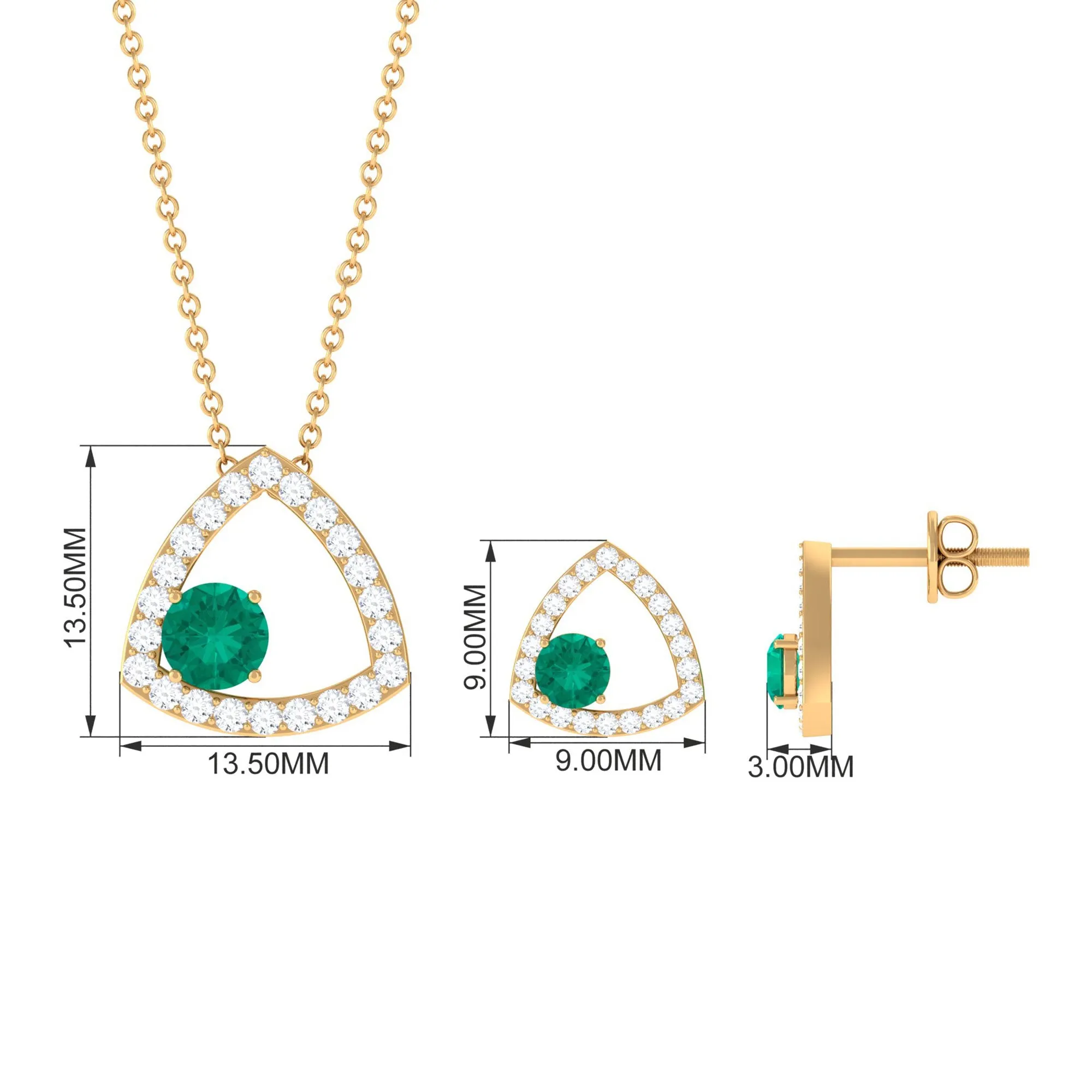 Simple Round Cut Emerald and Triangle Shape Moissanite jewelry Set