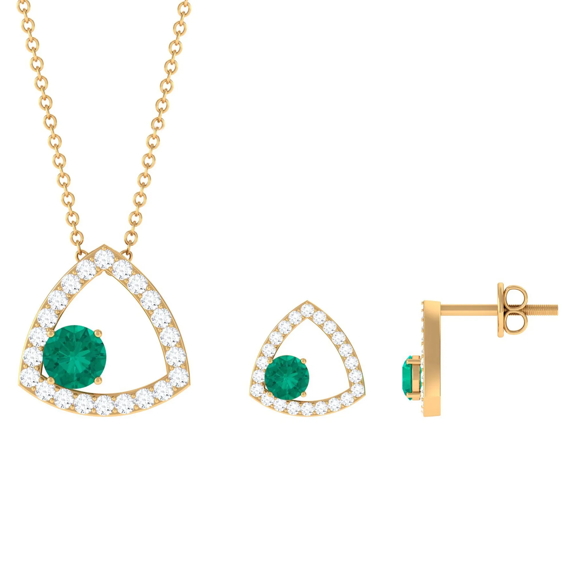 Simple Round Cut Emerald and Triangle Shape Moissanite jewelry Set