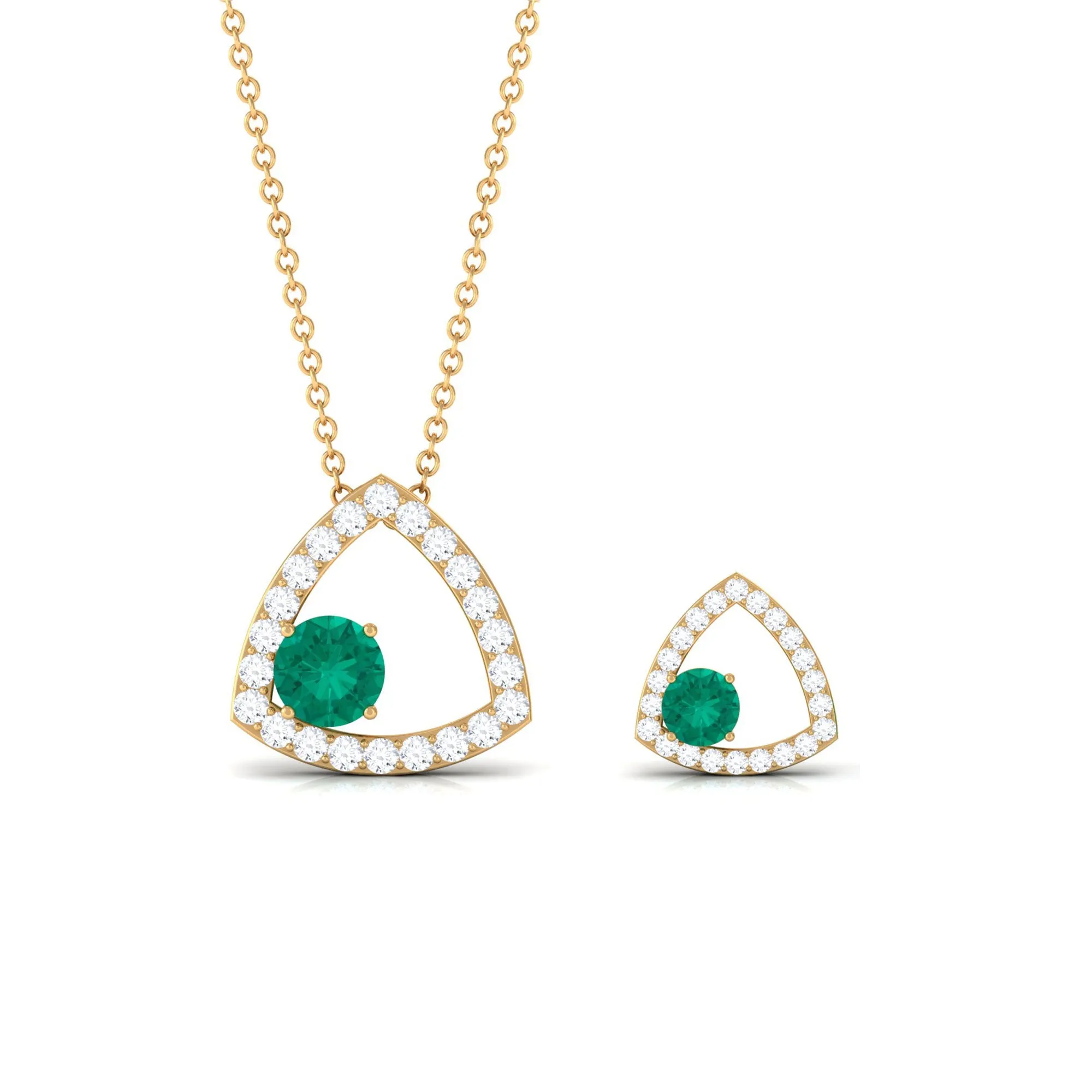 Simple Round Cut Emerald and Triangle Shape Moissanite jewelry Set