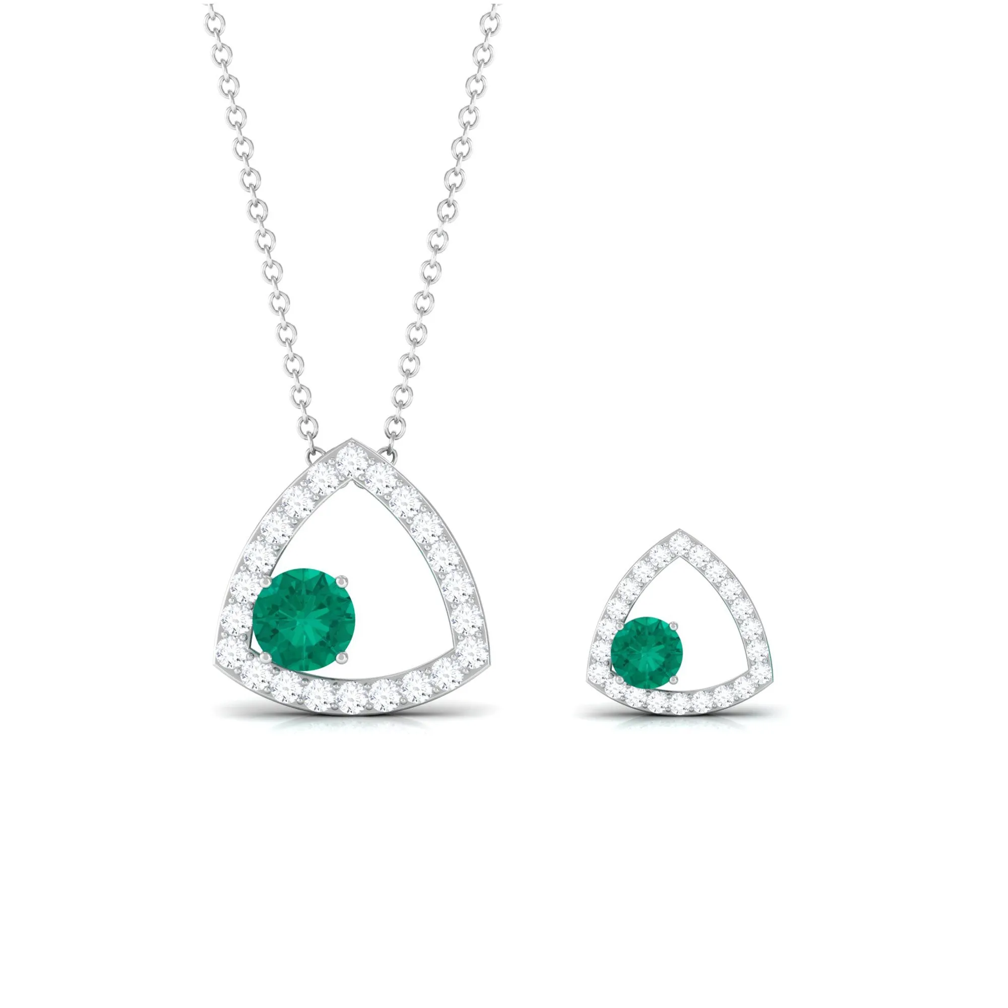 Simple Round Cut Emerald and Triangle Shape Moissanite jewelry Set