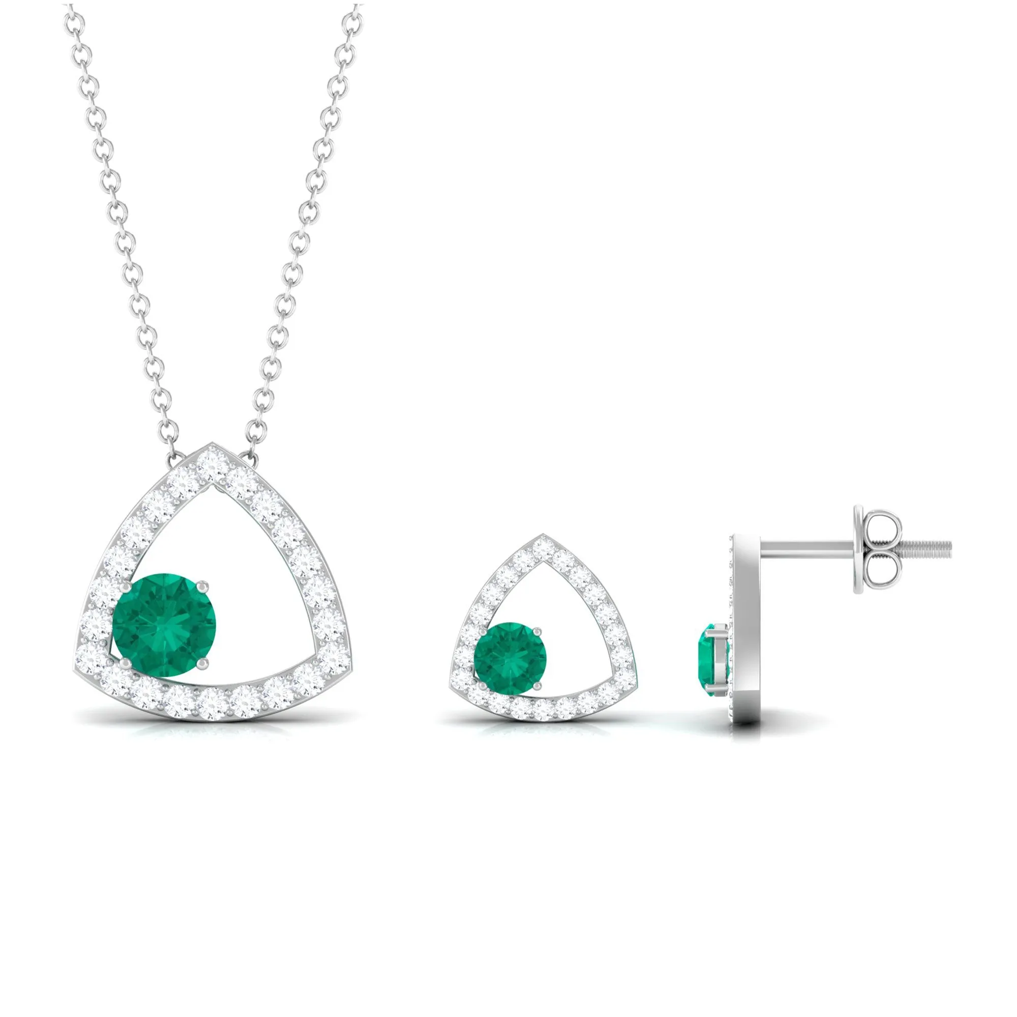 Simple Round Cut Emerald and Triangle Shape Moissanite jewelry Set
