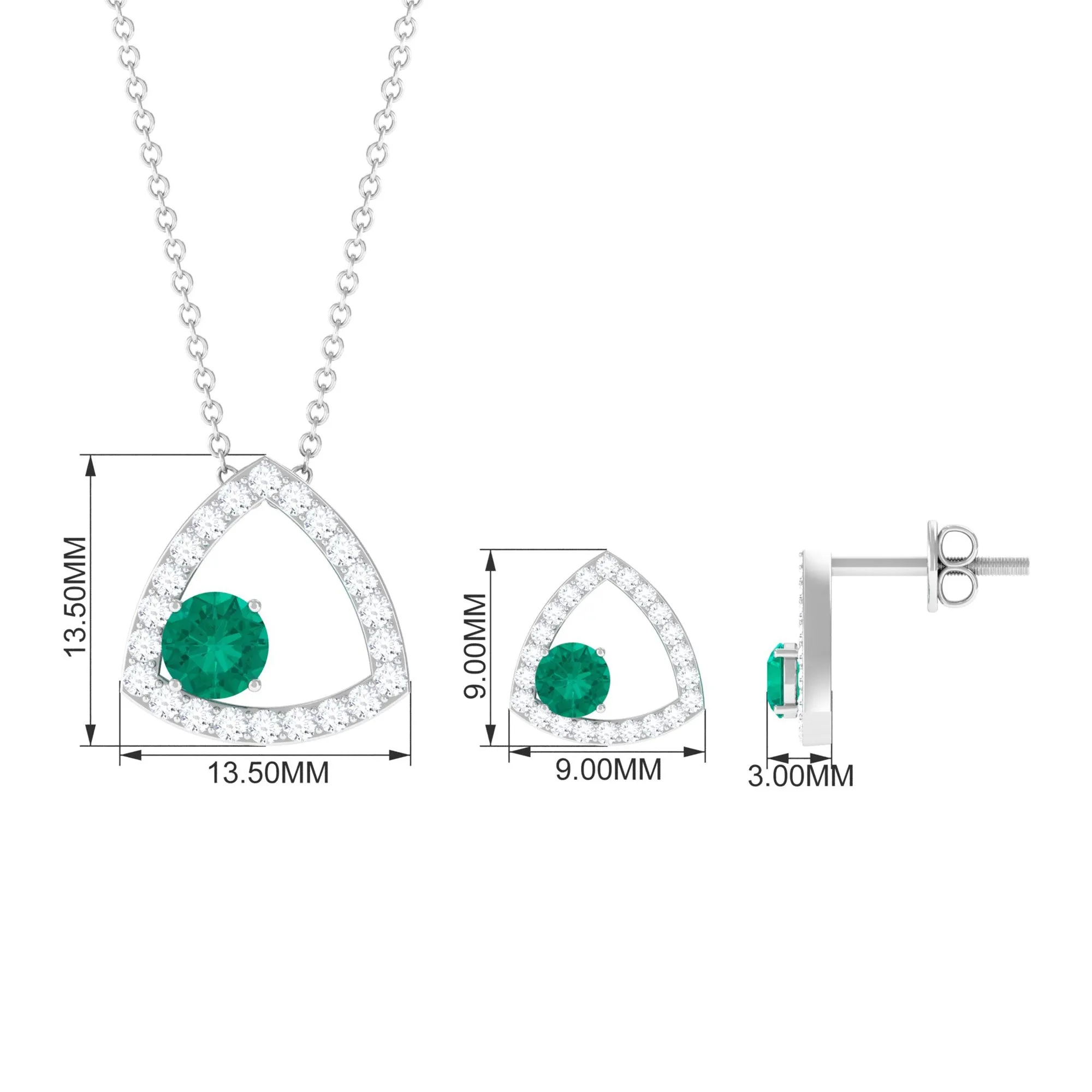 Simple Round Cut Emerald and Triangle Shape Moissanite jewelry Set