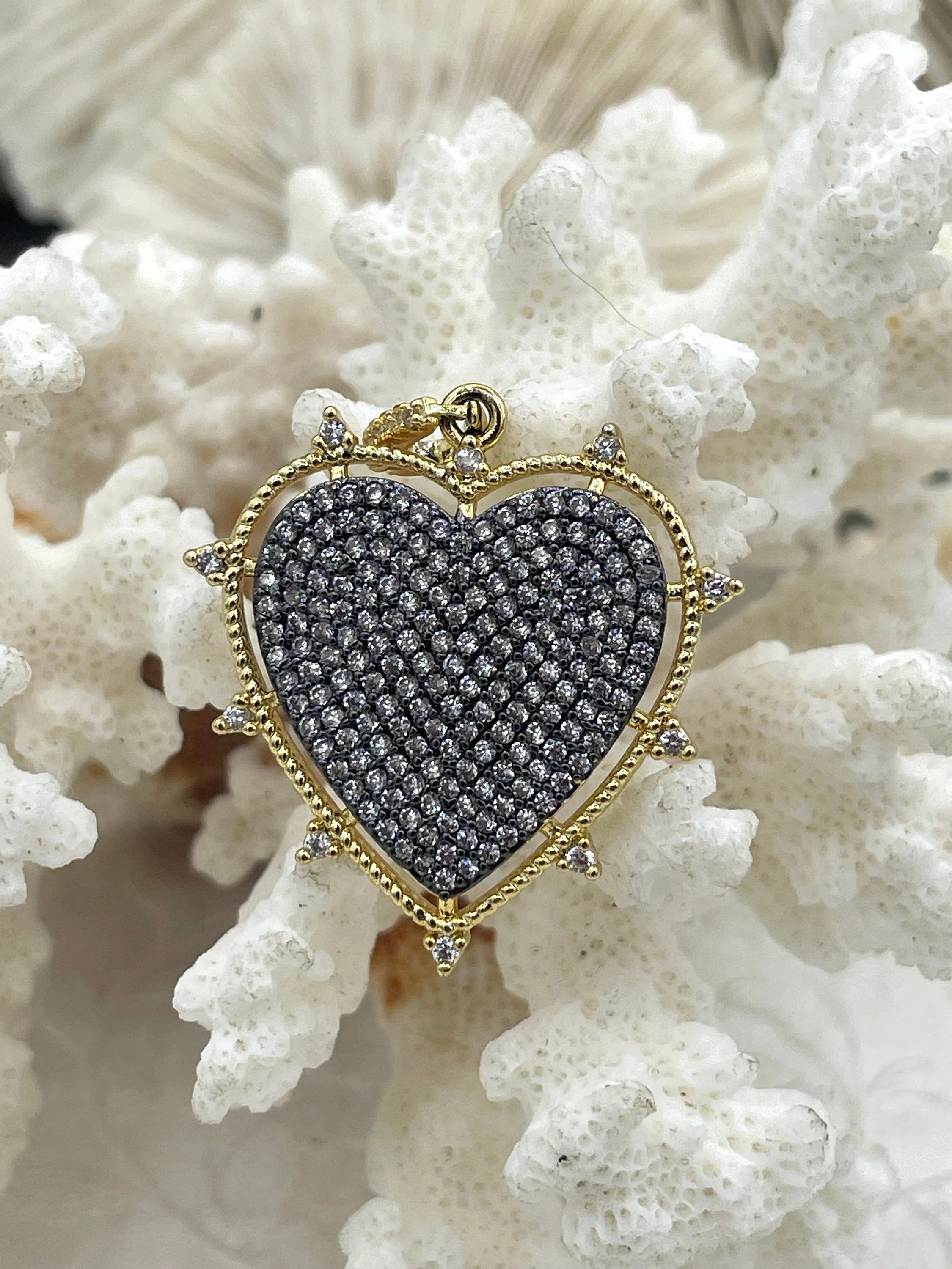 Spike Heart CZ Pave Charm, Cubic Zirconia charm, Brass Charm, 3 styles available, gold and gunmetal, clear CZ, Fast Ship