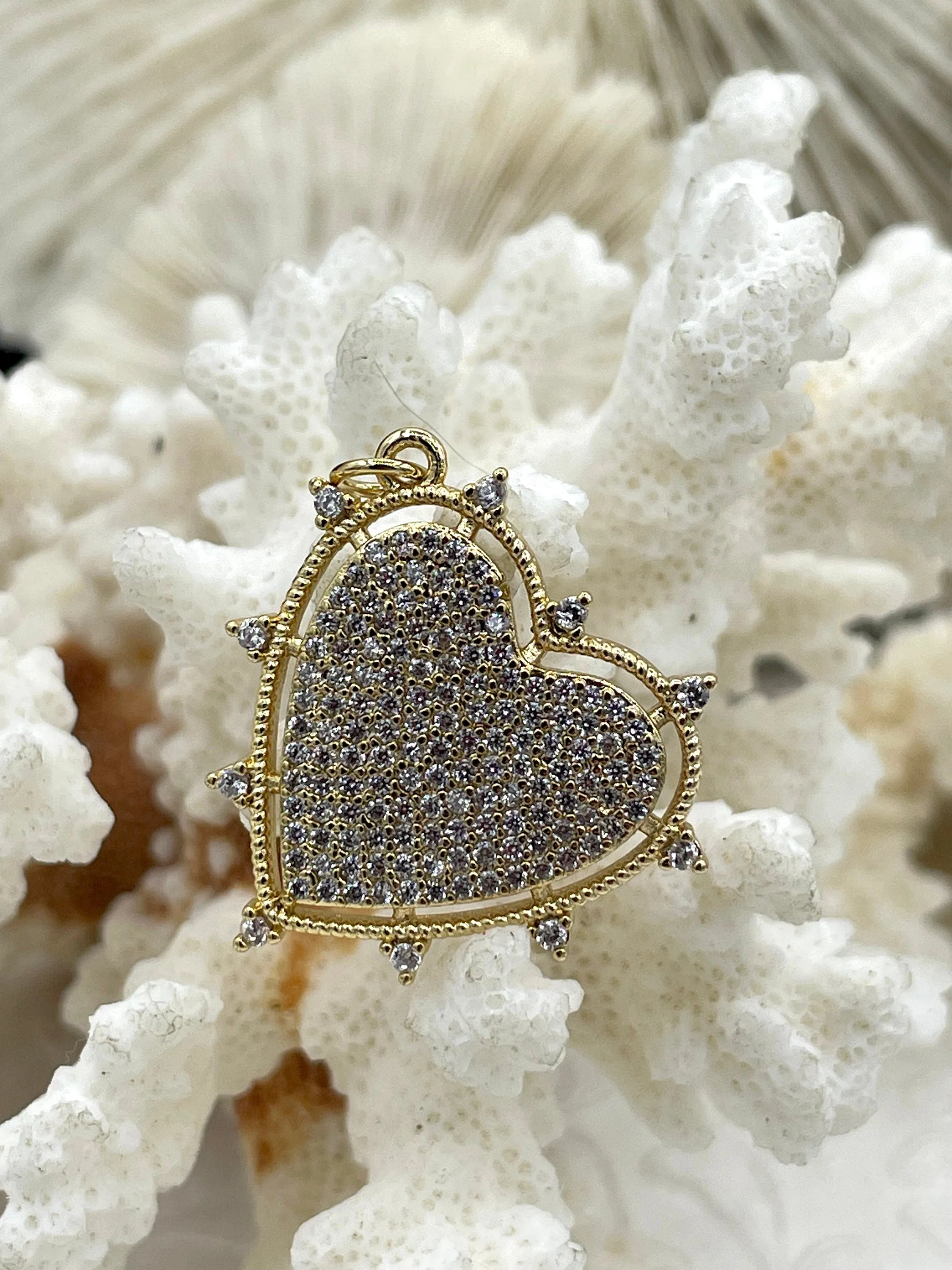 Spike Heart CZ Pave Charm, Cubic Zirconia charm, Brass Charm, 3 styles available, gold and gunmetal, clear CZ, Fast Ship