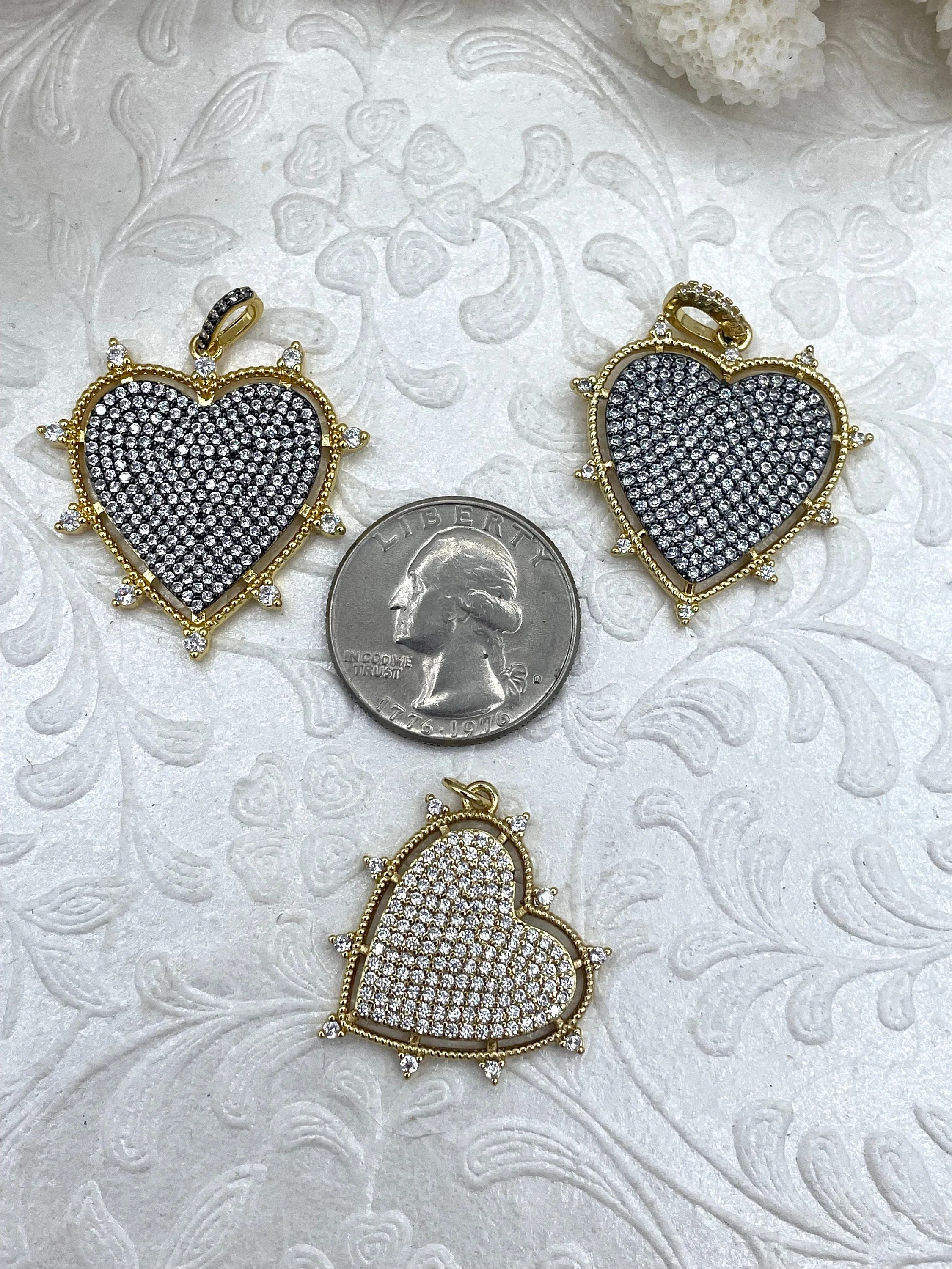 Spike Heart CZ Pave Charm, Cubic Zirconia charm, Brass Charm, 3 styles available, gold and gunmetal, clear CZ, Fast Ship