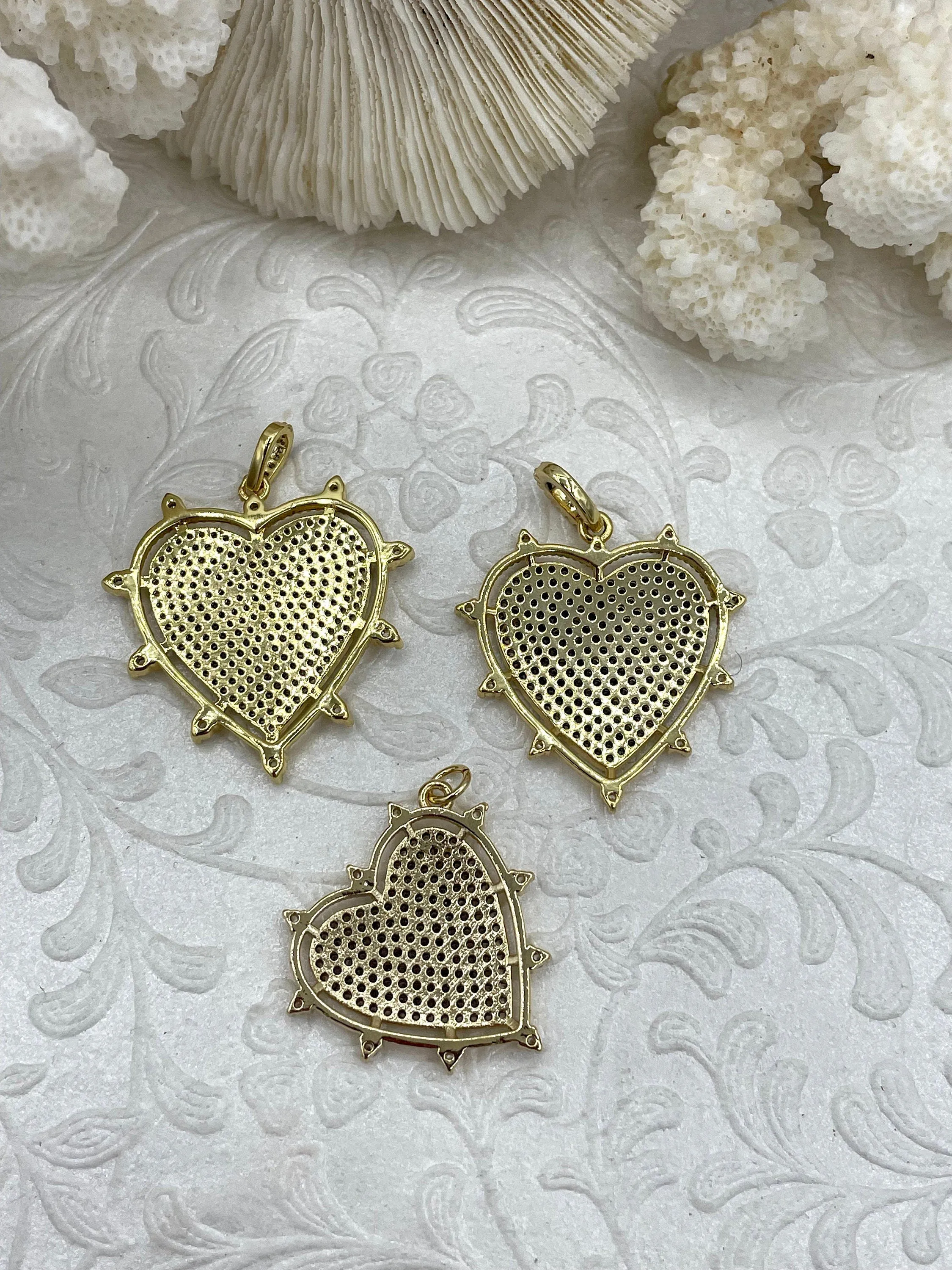 Spike Heart CZ Pave Charm, Cubic Zirconia charm, Brass Charm, 3 styles available, gold and gunmetal, clear CZ, Fast Ship