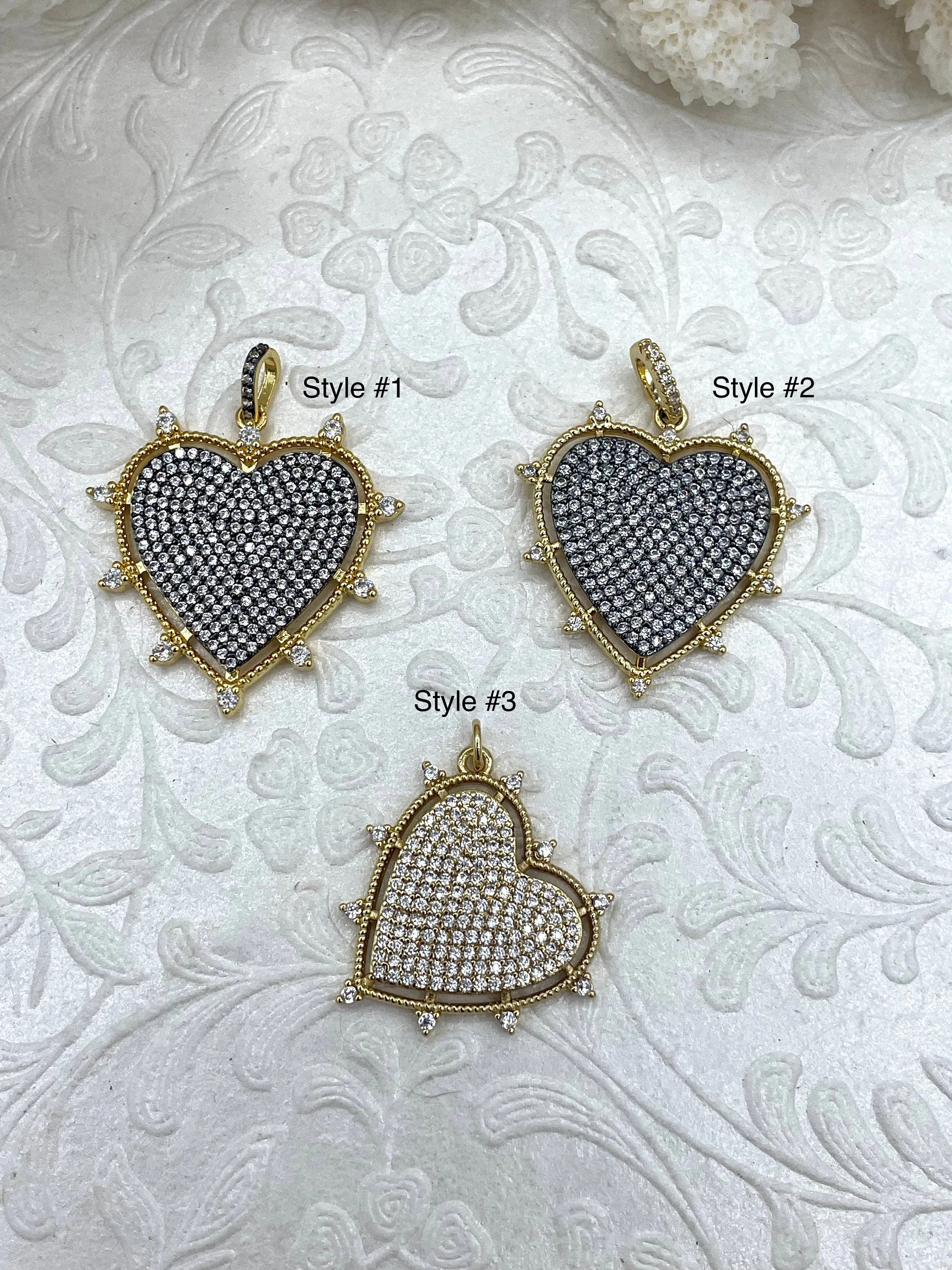 Spike Heart CZ Pave Charm, Cubic Zirconia charm, Brass Charm, 3 styles available, gold and gunmetal, clear CZ, Fast Ship