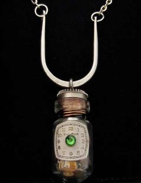 Steampunk pendant - Time in a Bottle - Steampunk Necklace - Steampunk jewelry made with real vintage watch and Pocket watch parts