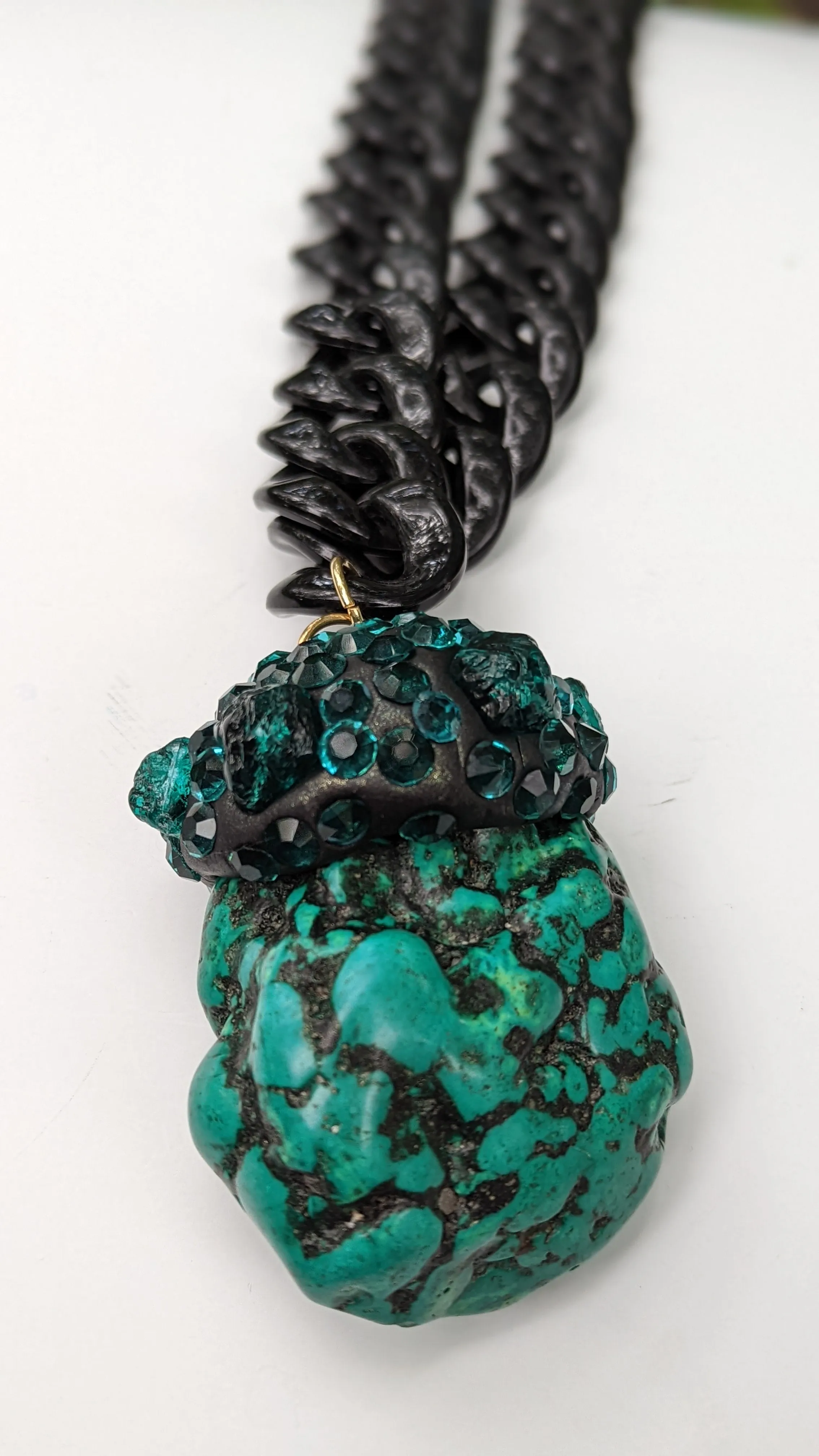 Teal Dark Green Polished Rough Nugget with Vintage Stones WOW Black Chain Necklace Gay Isber Unisex Gift Box