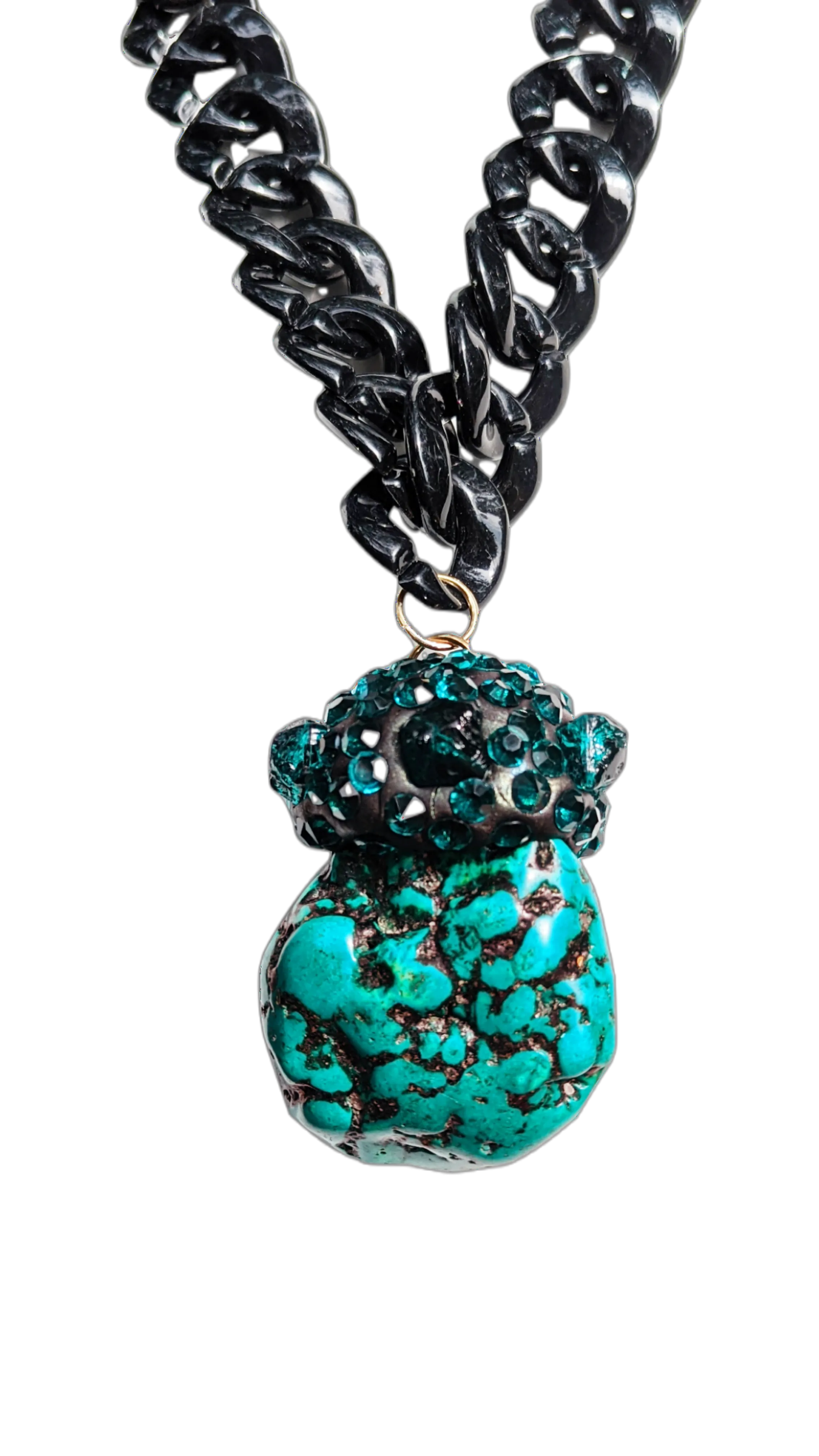 Teal Dark Green Polished Rough Nugget with Vintage Stones WOW Black Chain Necklace Gay Isber Unisex Gift Box