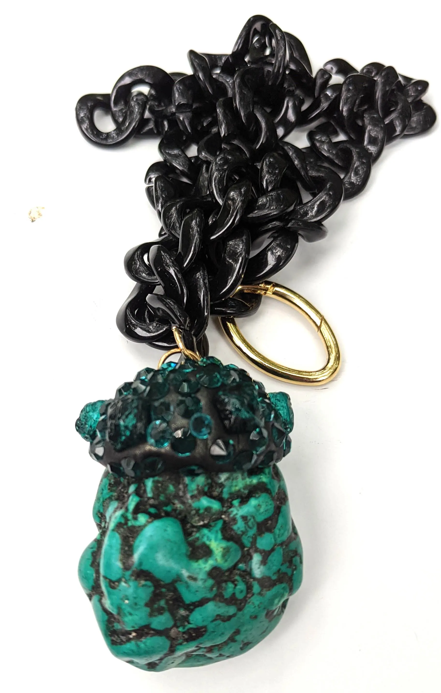 Teal Dark Green Polished Rough Nugget with Vintage Stones WOW Black Chain Necklace Gay Isber Unisex Gift Box