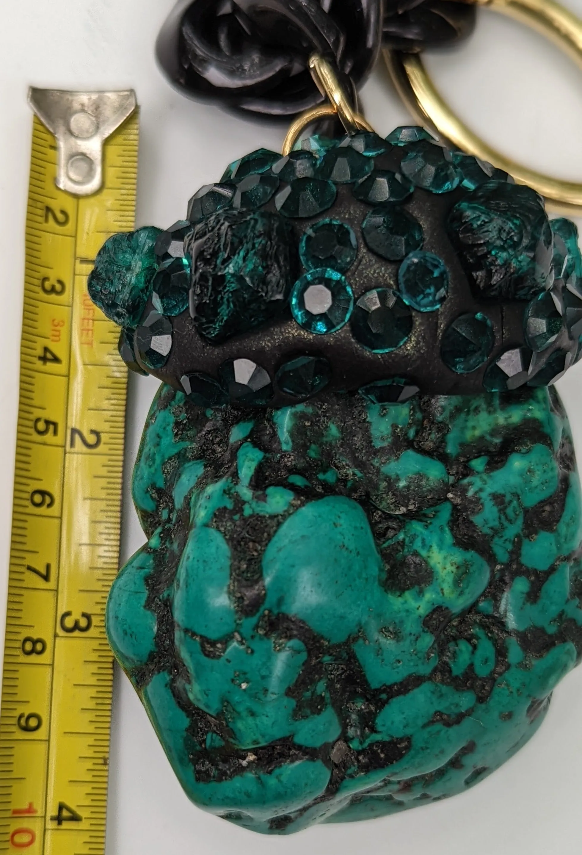 Teal Dark Green Polished Rough Nugget with Vintage Stones WOW Black Chain Necklace Gay Isber Unisex Gift Box