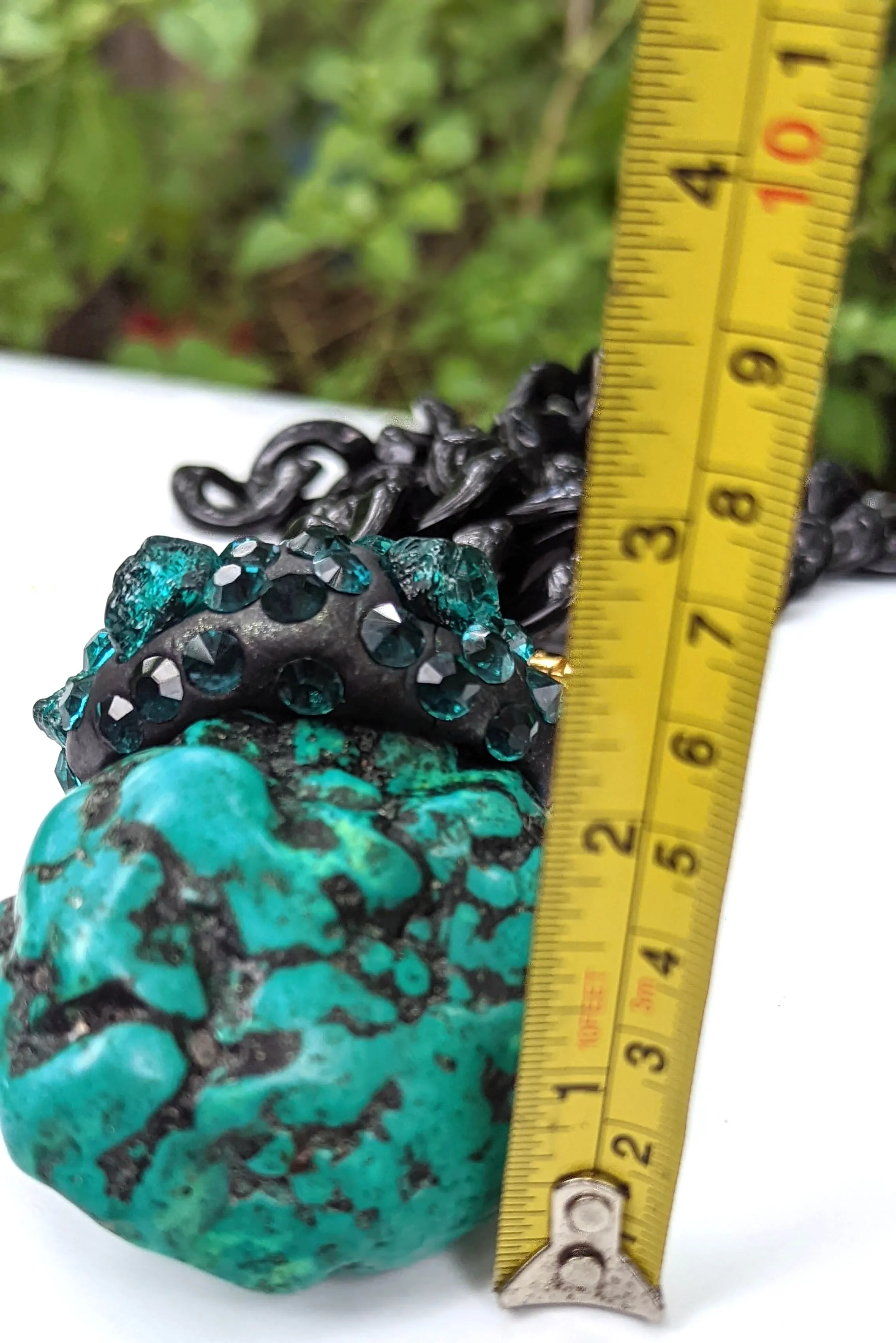 Teal Dark Green Polished Rough Nugget with Vintage Stones WOW Black Chain Necklace Gay Isber Unisex Gift Box