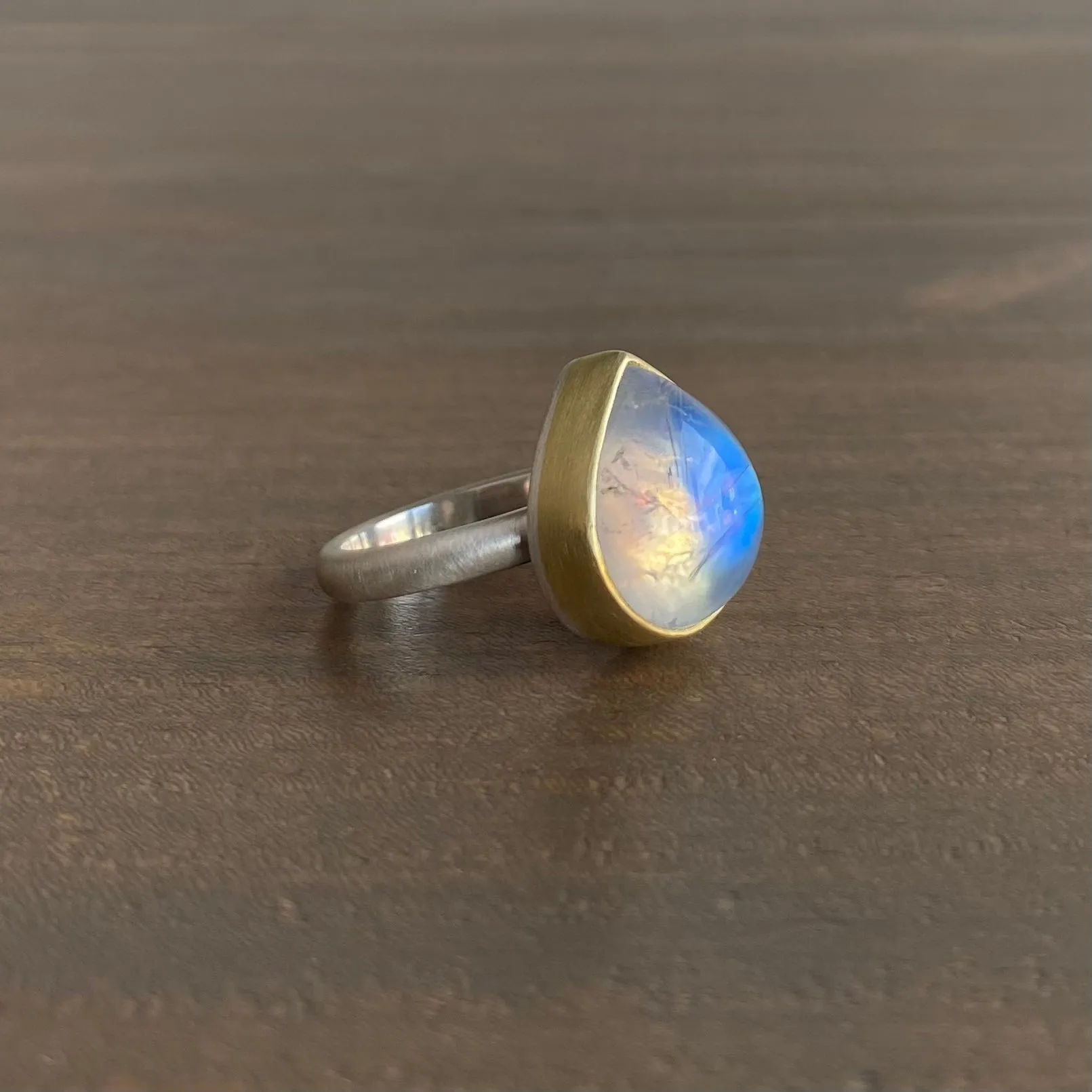 Teardrop Rainbow Moonstone Cabochon Ring