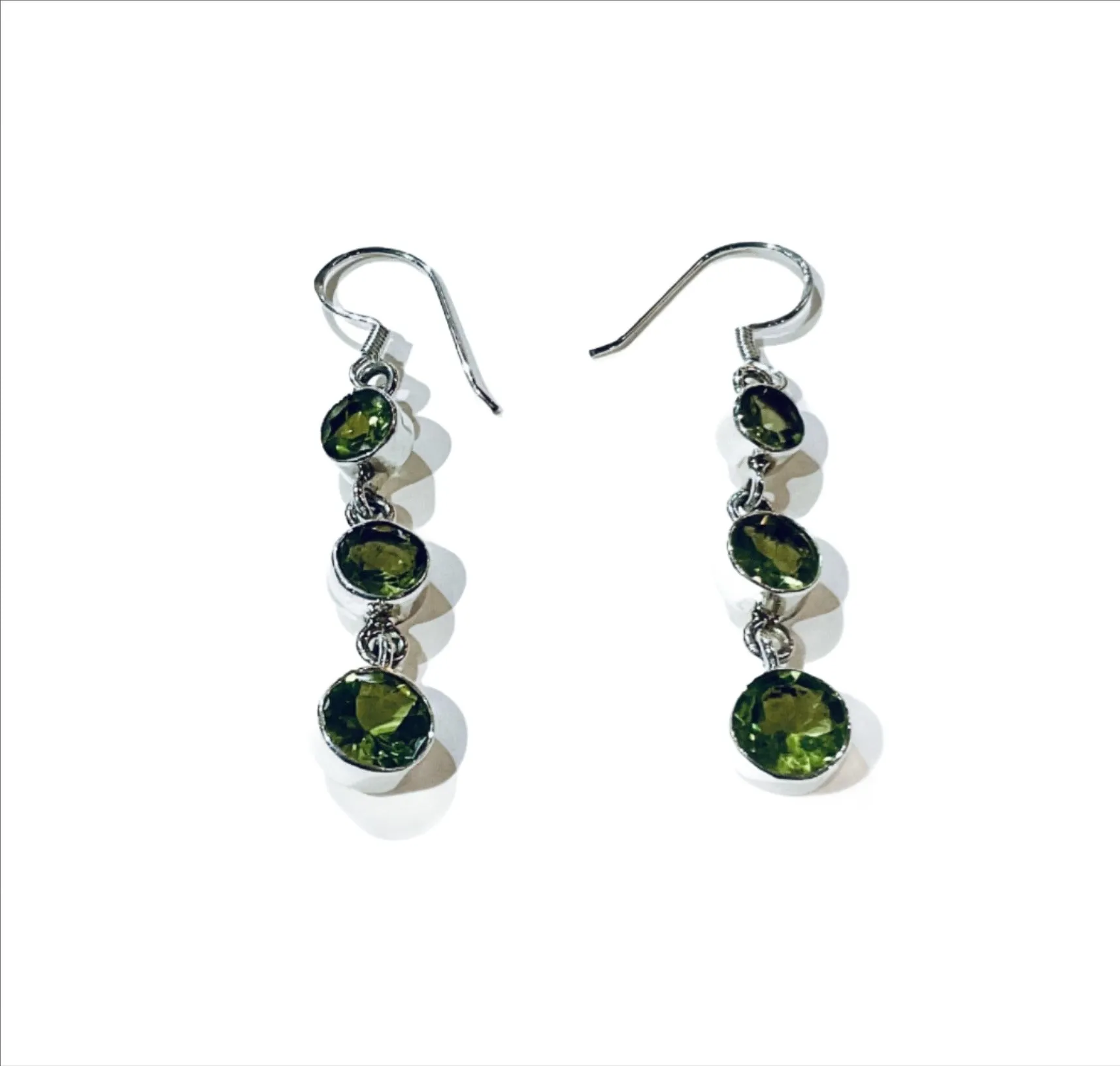 Three Stone Peridot Earrings Set In Sterling Silver