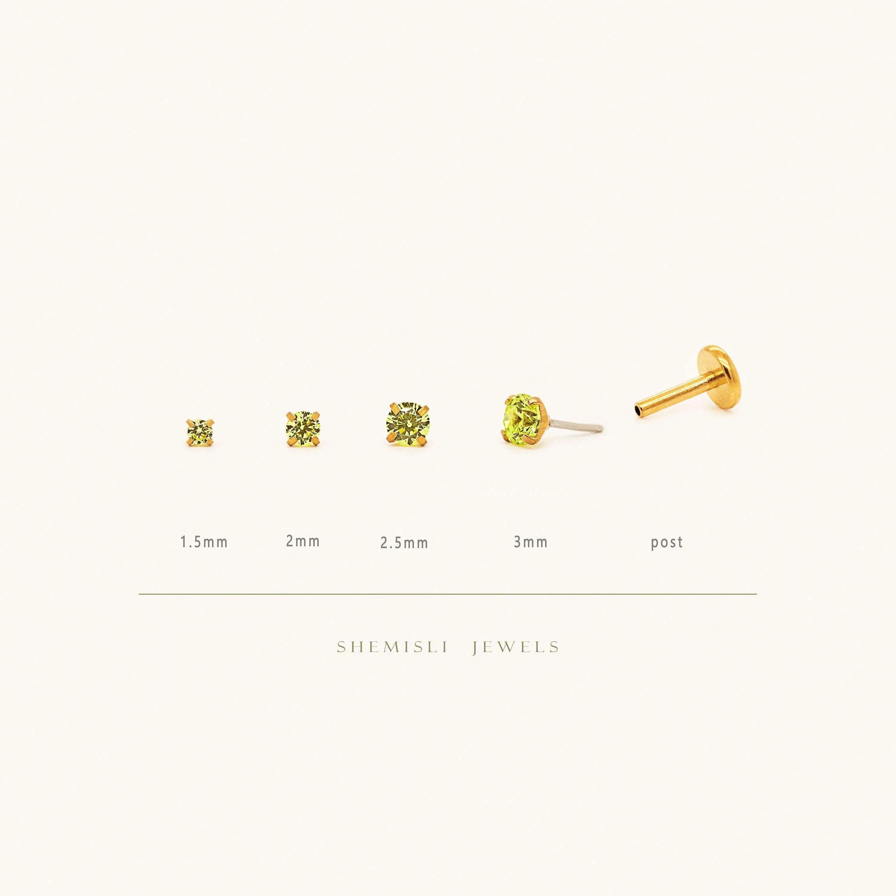 Tiny Peridot Stone Gold Threadless Flat Back Earrings, Nose Stud, August Birthstone, 20,18,16ga, 5-10mm SS617 SS618 SS619 SS620