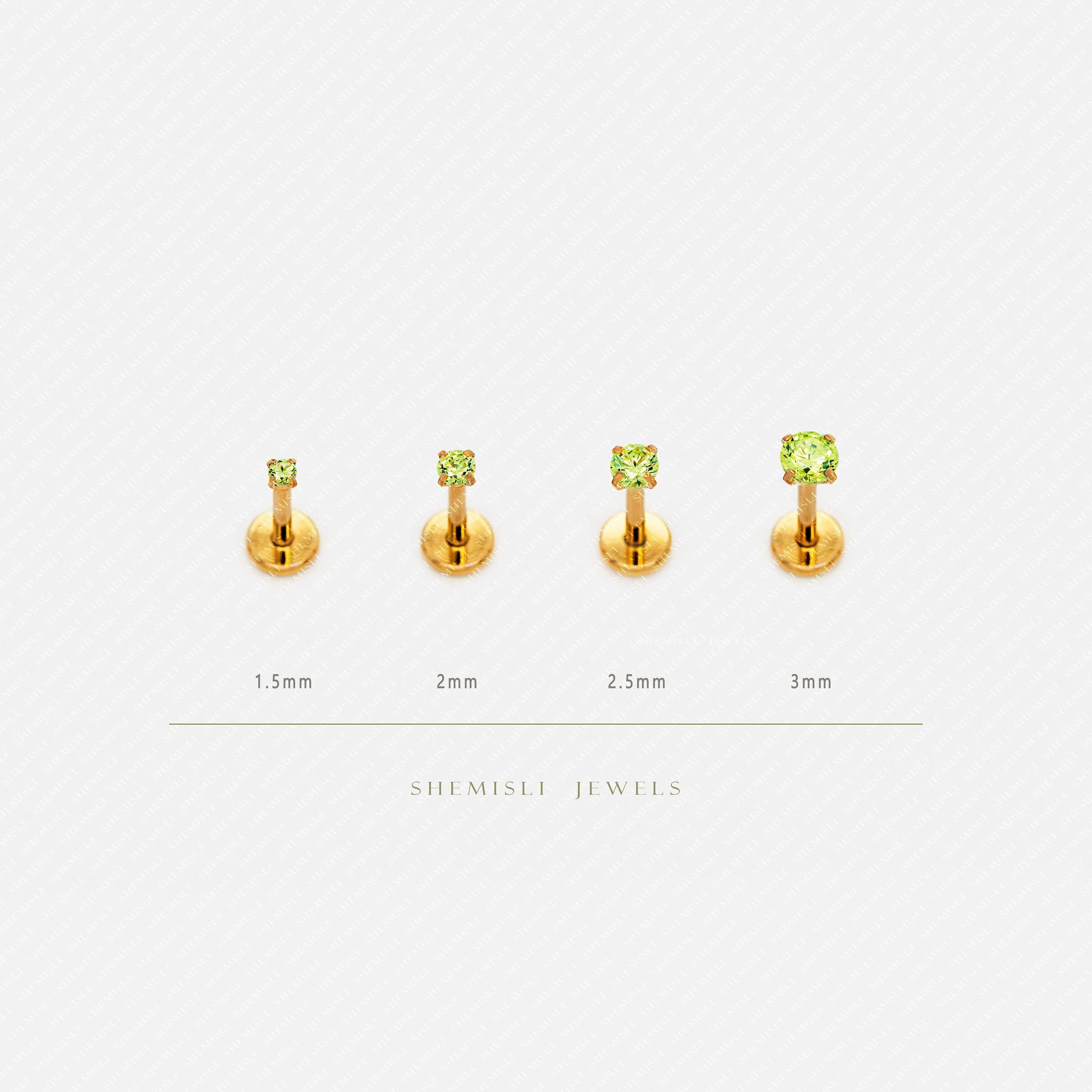 Tiny Peridot Stone Gold Threadless Flat Back Earrings, Nose Stud, August Birthstone, 20,18,16ga, 5-10mm SS617 SS618 SS619 SS620
