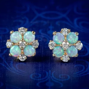 Victorian Style Opal Diamond Cluster Stud Earrings 9Ct Gold 1.60Ct Opal