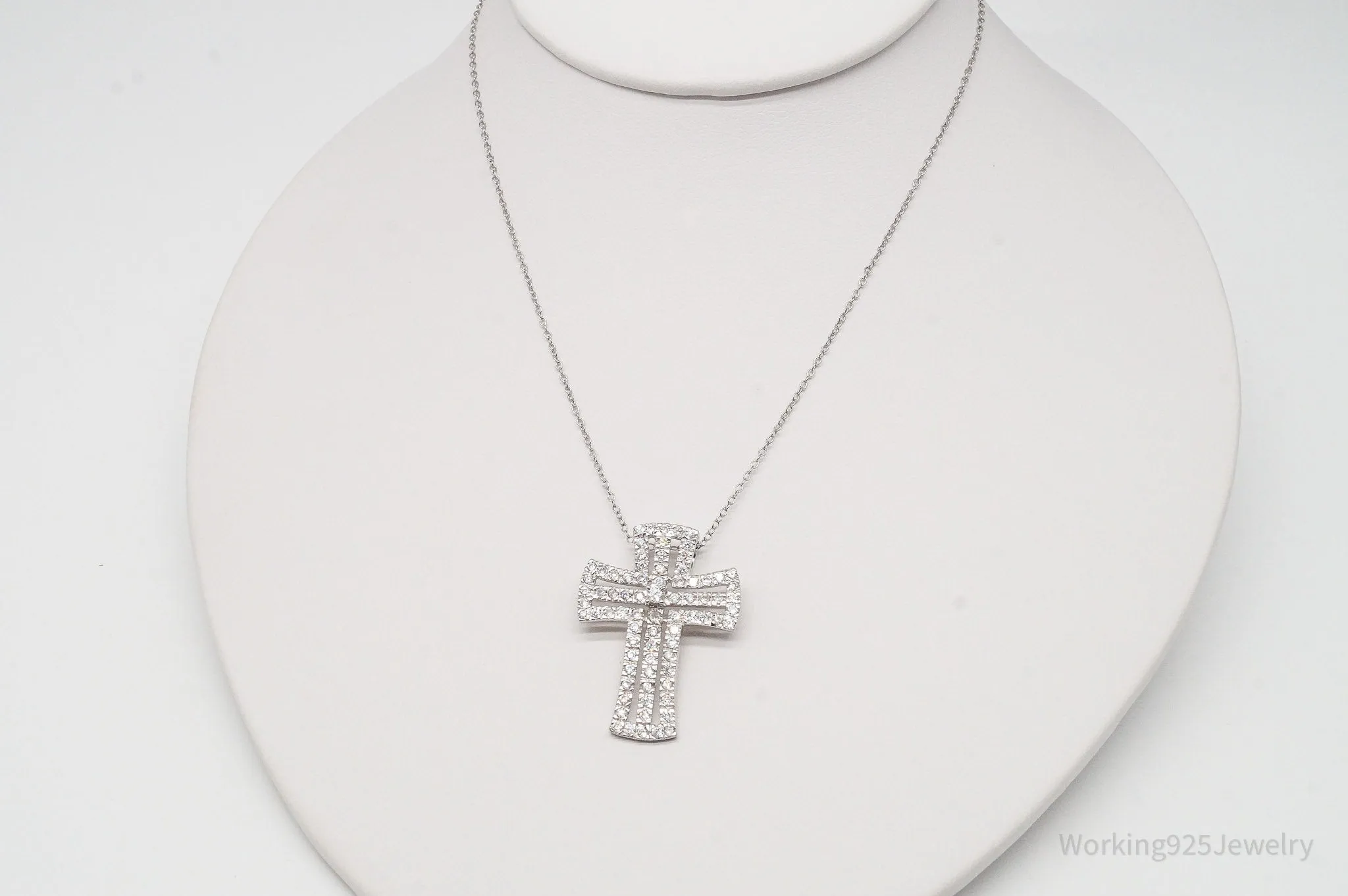 Vintage Cubic Zirconia Cross Sterling Silver Necklace 18"