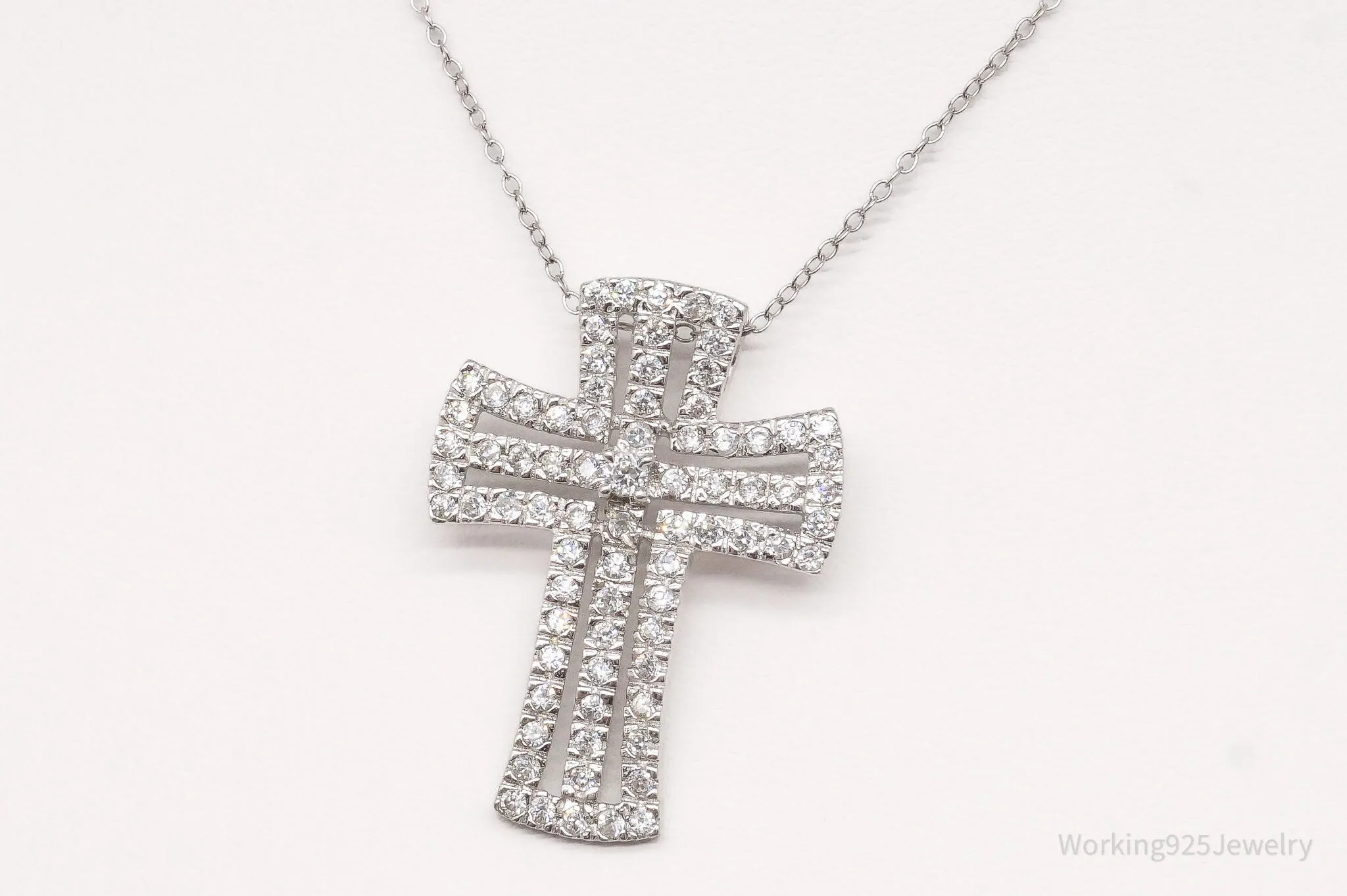 Vintage Cubic Zirconia Cross Sterling Silver Necklace 18"