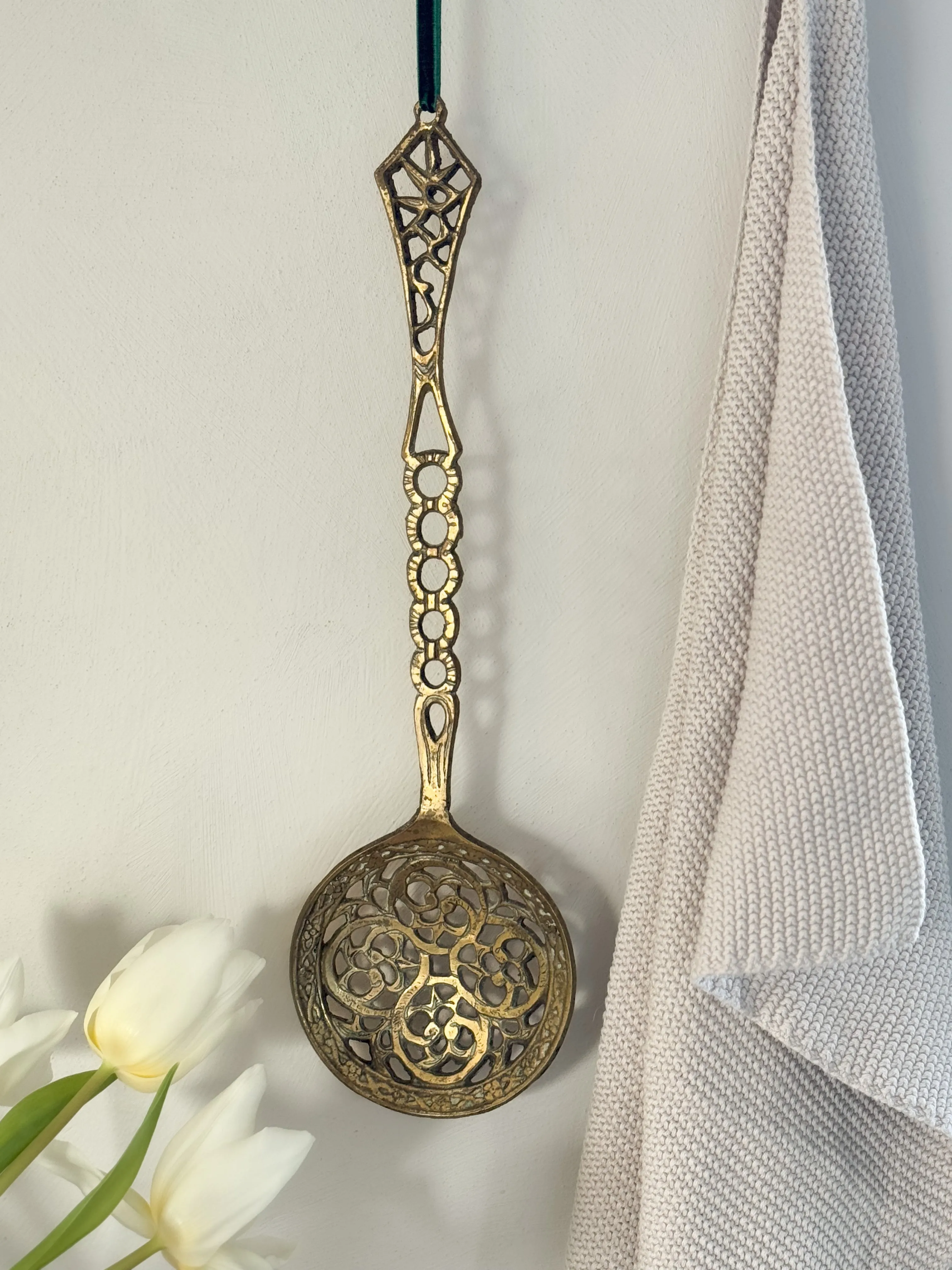 Vintage Solid Brass Hand Etched Slotted Ladle  Strainer