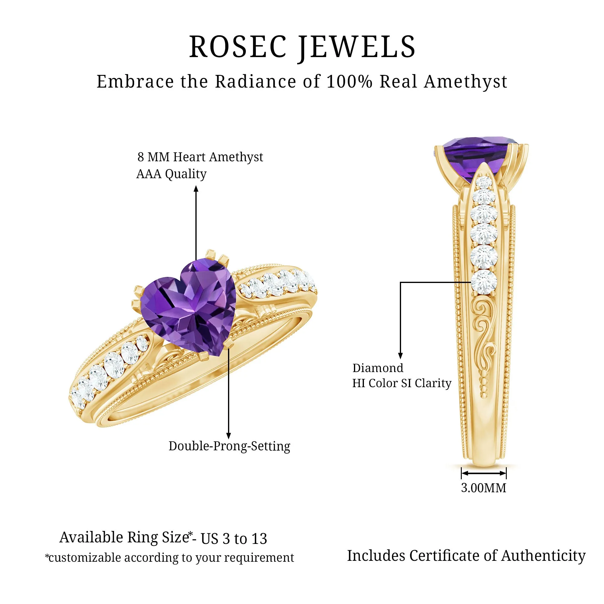 Vintage Style Amethyst Heart Engagement Ring with Diamond