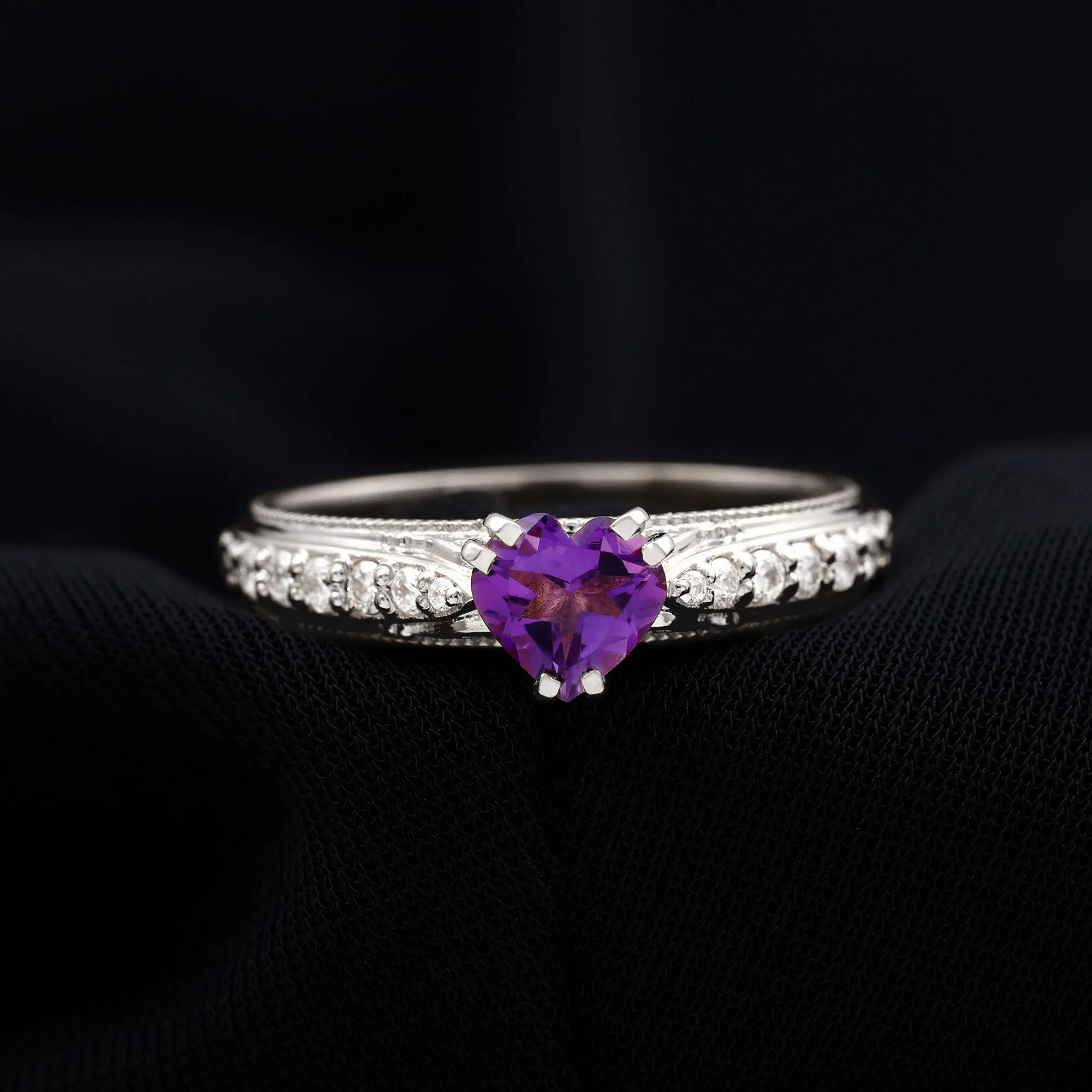 Vintage Style Amethyst Heart Engagement Ring with Diamond