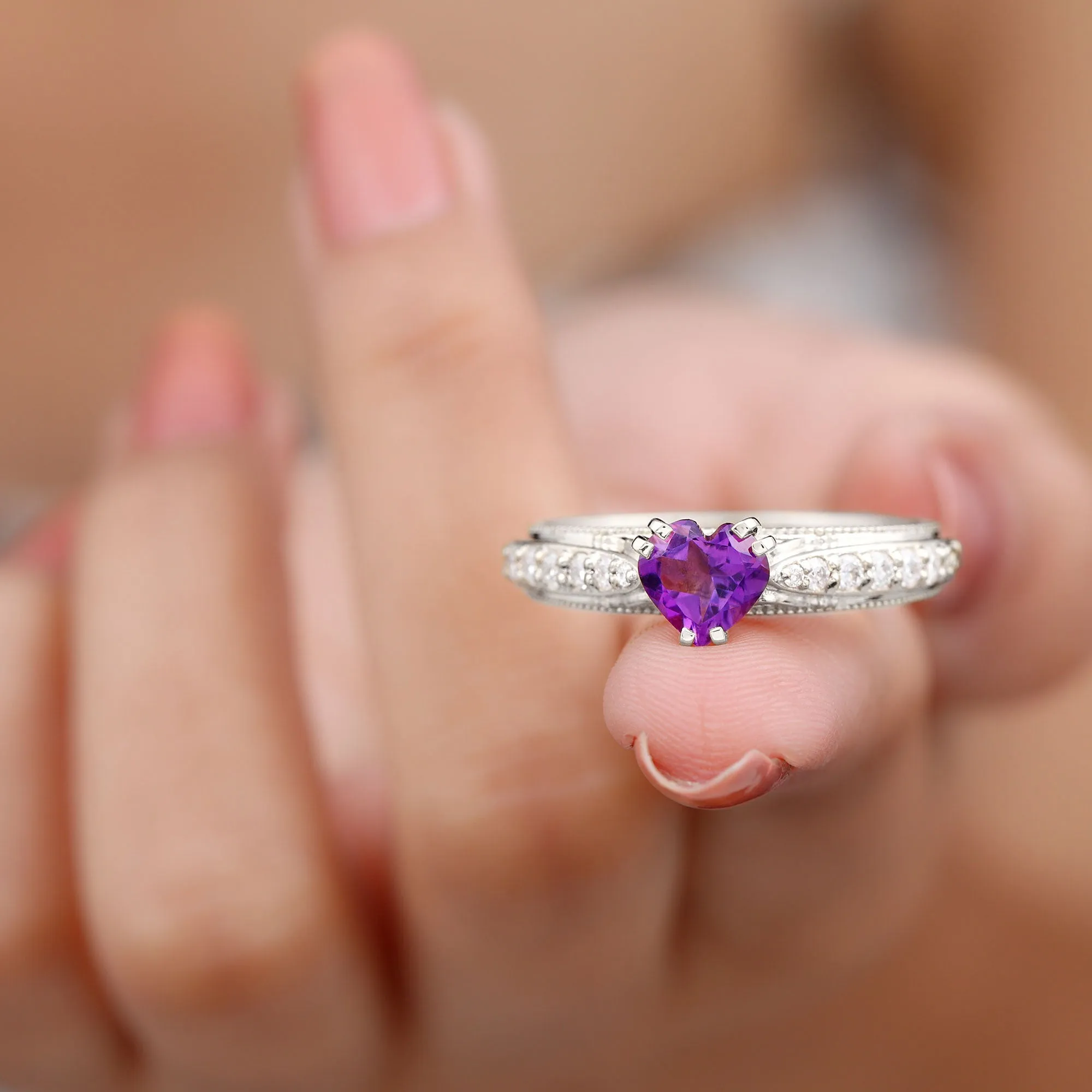 Vintage Style Amethyst Heart Engagement Ring with Diamond