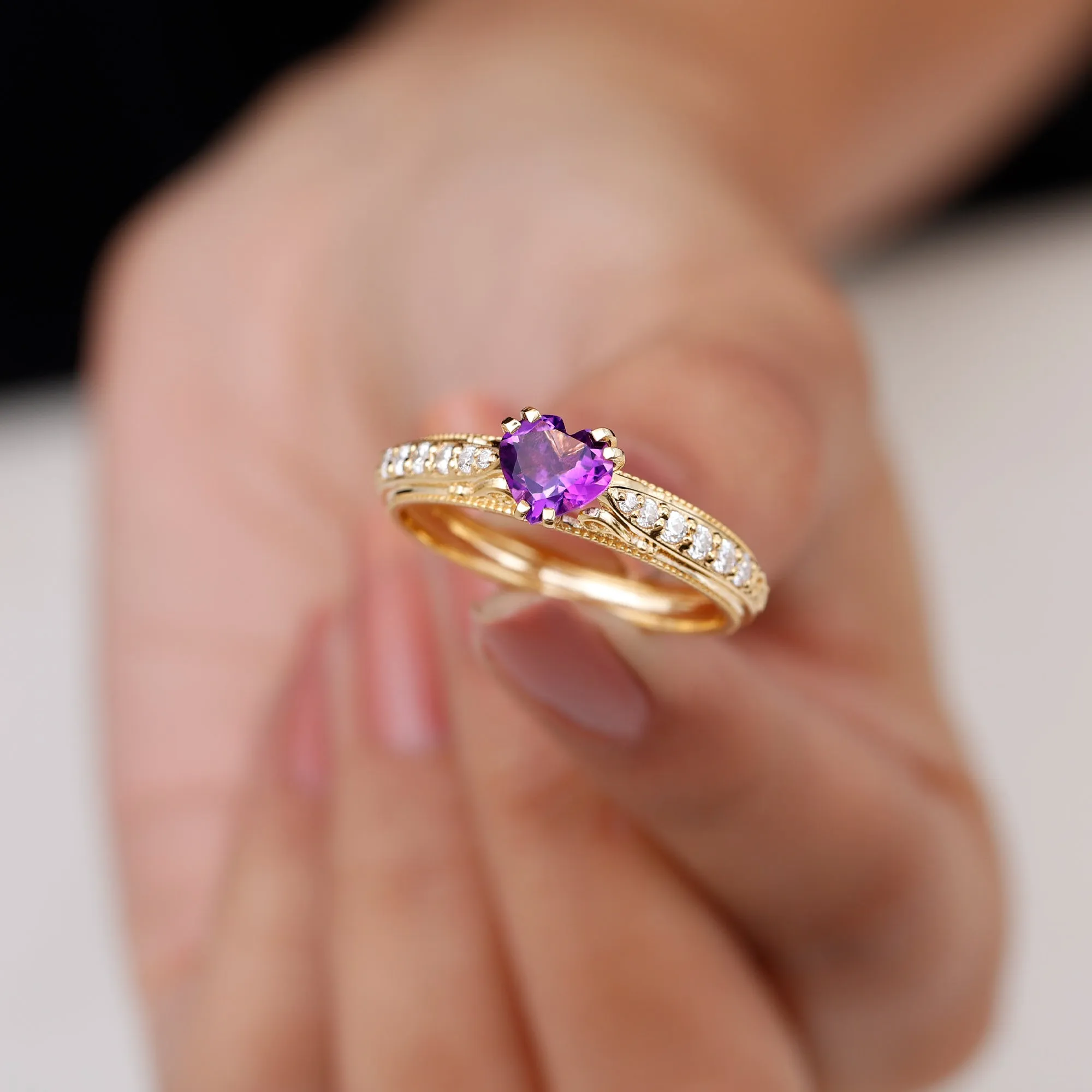Vintage Style Amethyst Heart Engagement Ring with Diamond