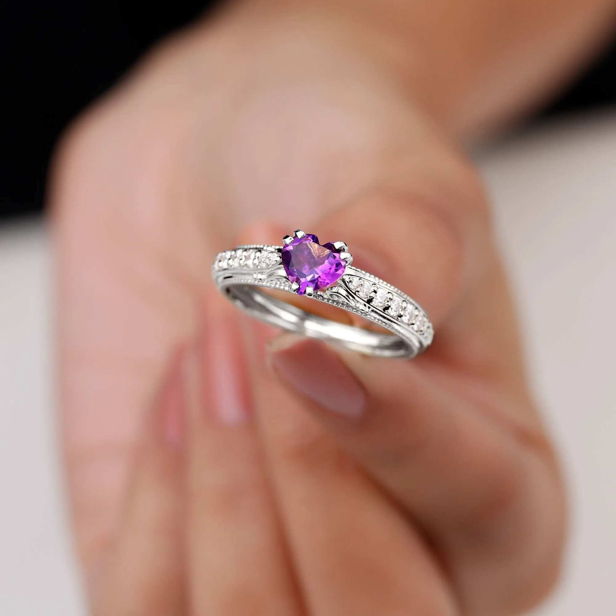 Vintage Style Amethyst Heart Engagement Ring with Diamond