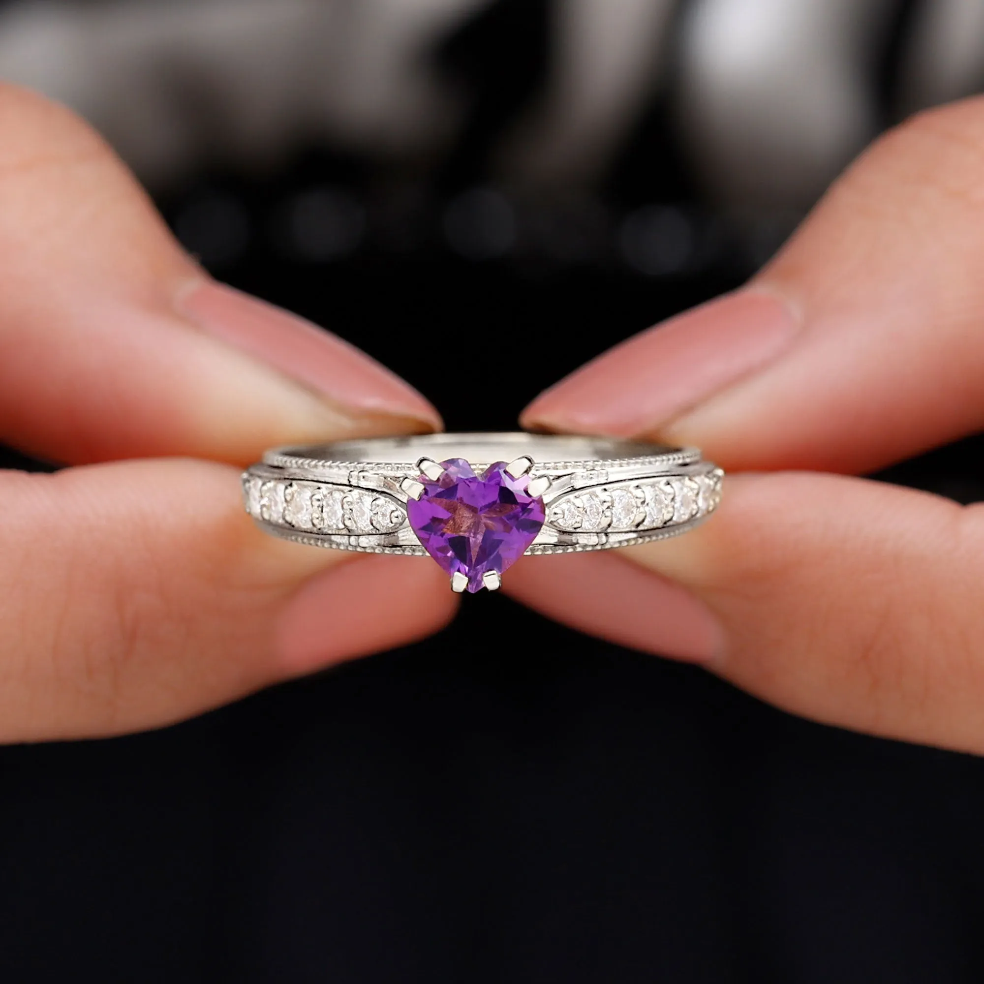 Vintage Style Amethyst Heart Engagement Ring with Diamond