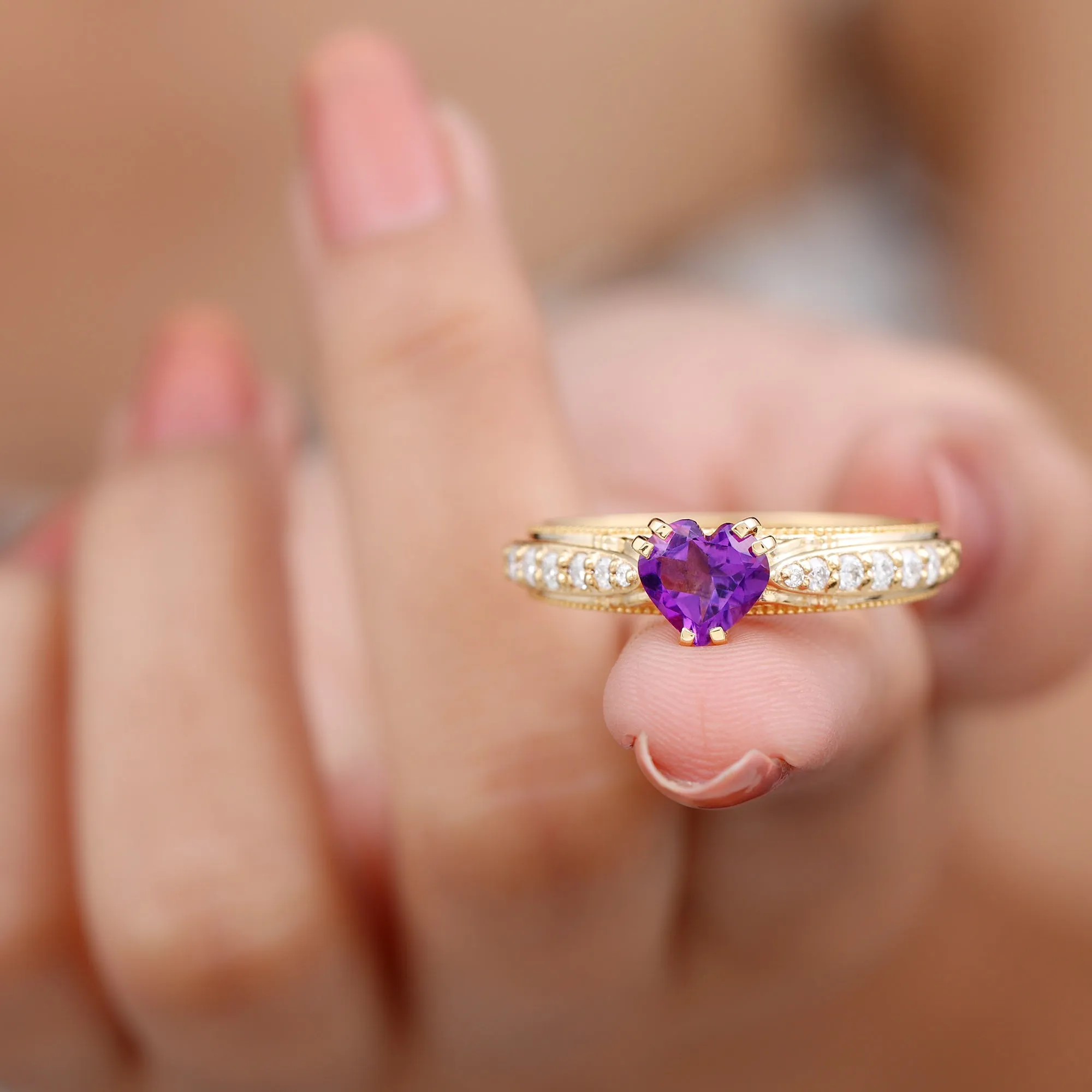 Vintage Style Amethyst Heart Engagement Ring with Diamond
