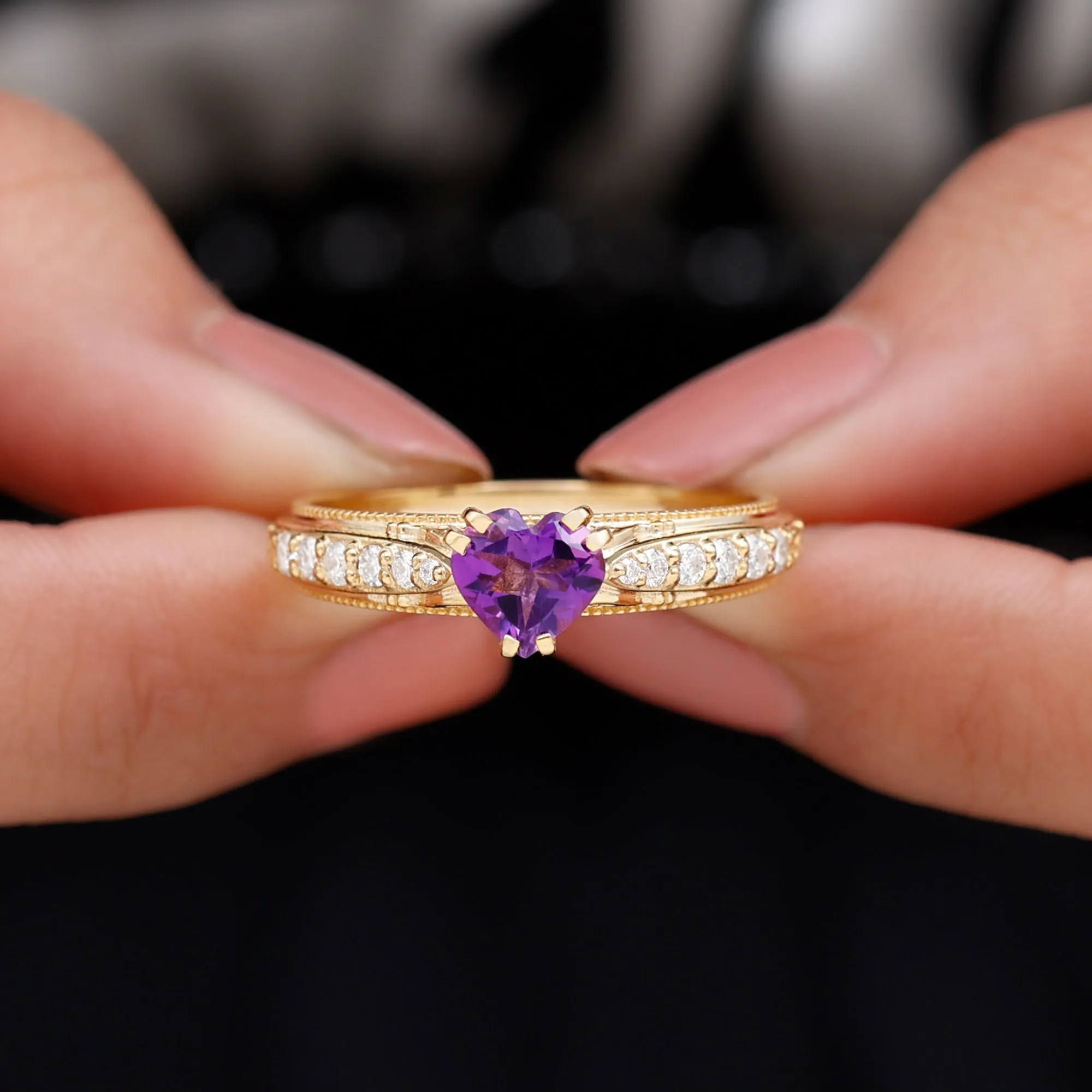 Vintage Style Amethyst Heart Engagement Ring with Diamond