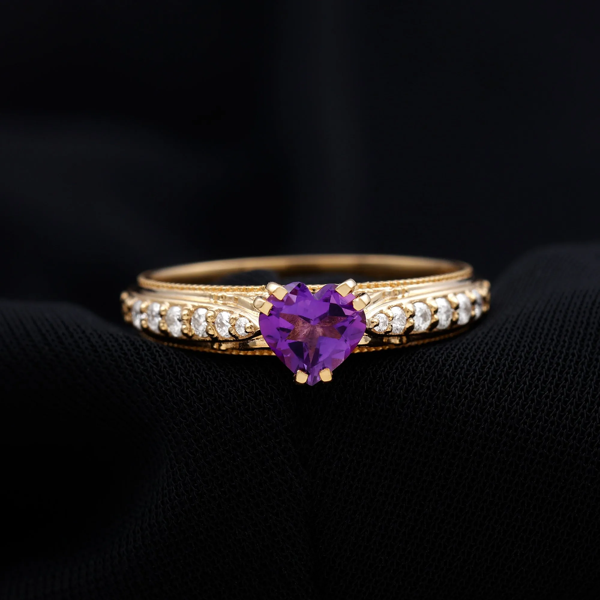 Vintage Style Amethyst Heart Engagement Ring with Diamond
