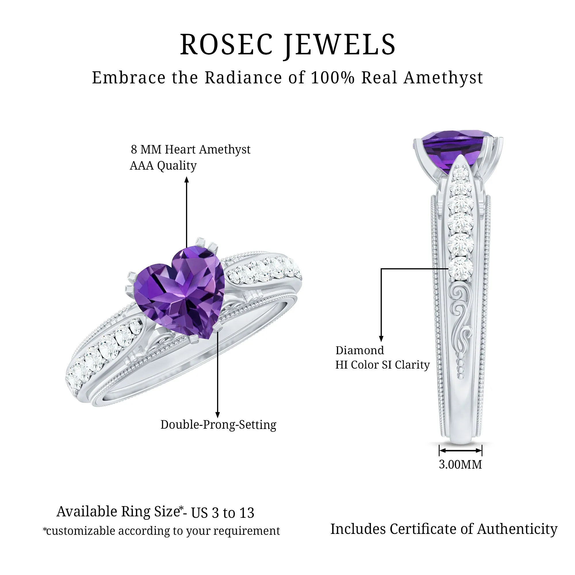 Vintage Style Amethyst Heart Engagement Ring with Diamond