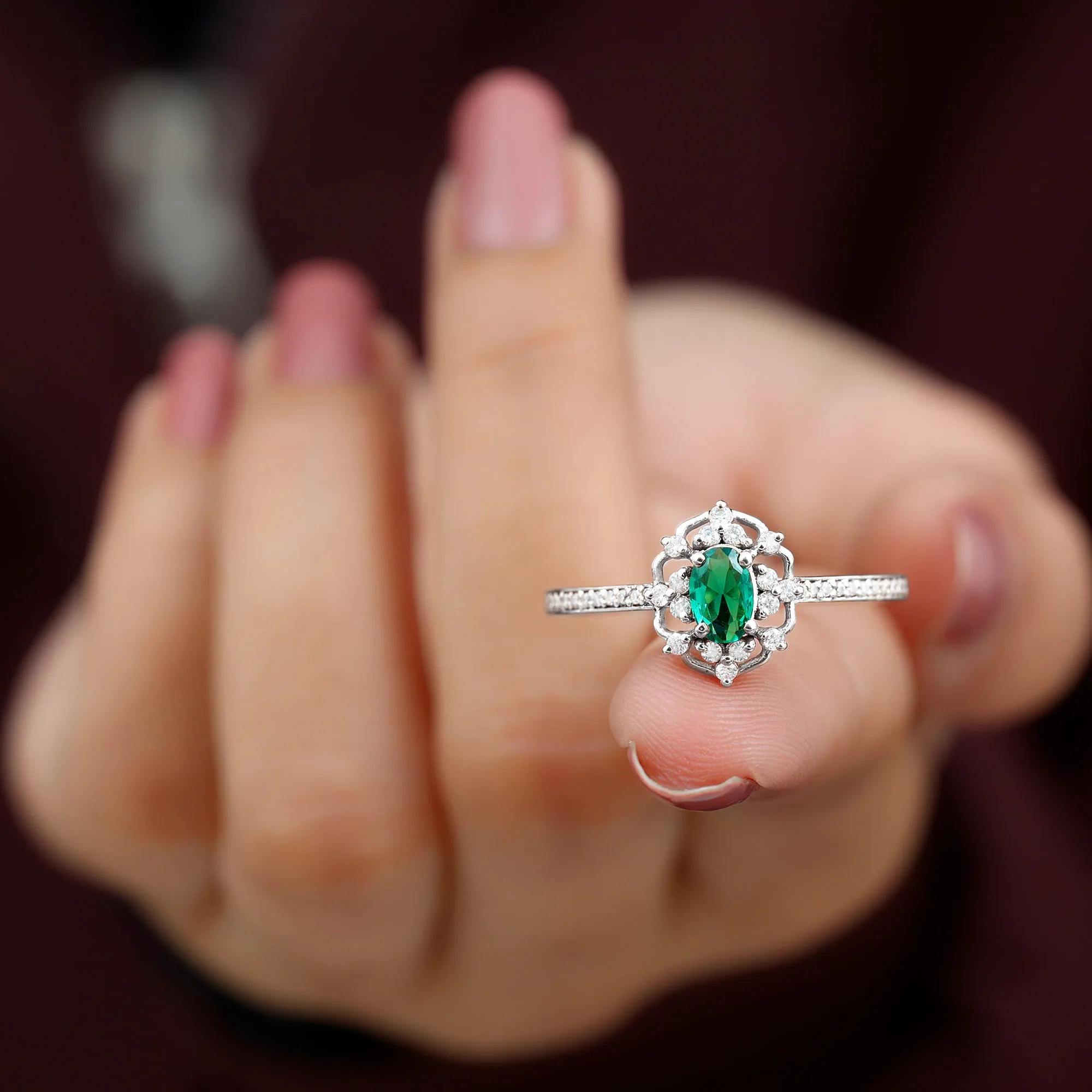 Vintage Style Lab Grown Emerald and Diamond Flower Engagement Ring