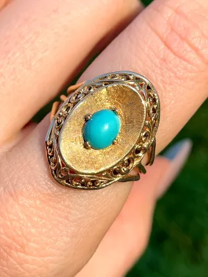 Vintage yellow 18K turquoise oval scroll ring, size 7.25