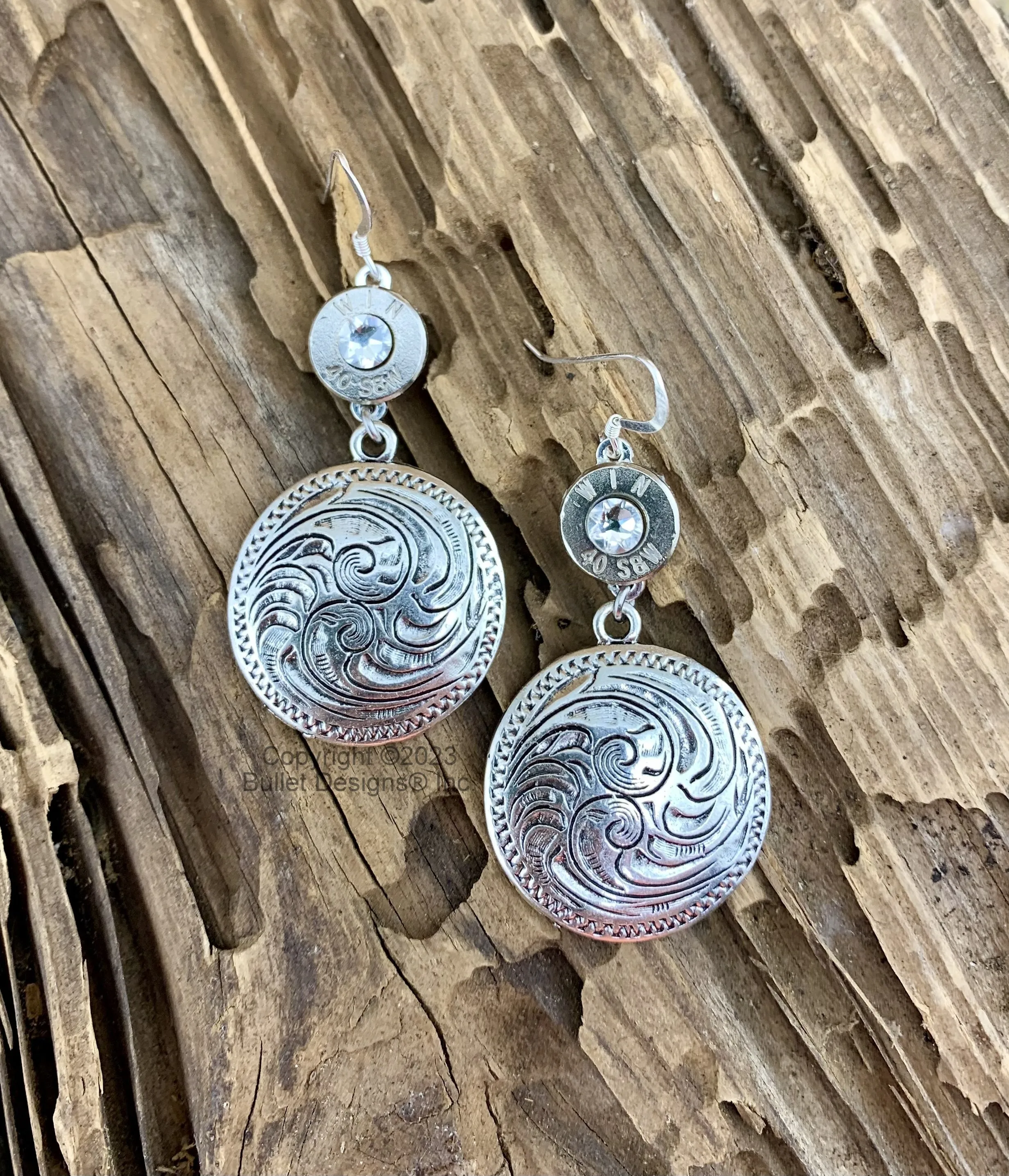 Western Bullet Earrings, 40 S&W Bullet Earrings, Sterling Silver Ear Wires, Cowgirl, Concho, Rodeo, Medallion, Pistol, 40 Caliber