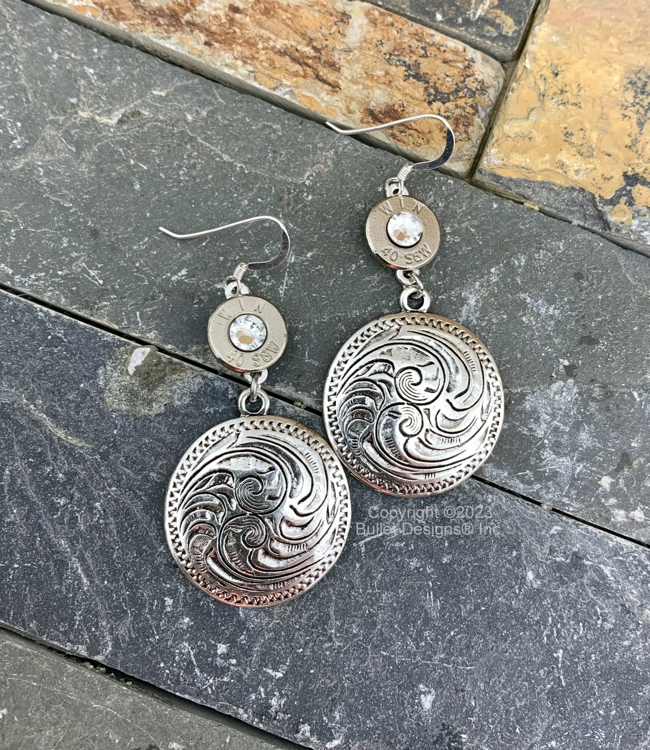 Western Bullet Earrings, 40 S&W Bullet Earrings, Sterling Silver Ear Wires, Cowgirl, Concho, Rodeo, Medallion, Pistol, 40 Caliber
