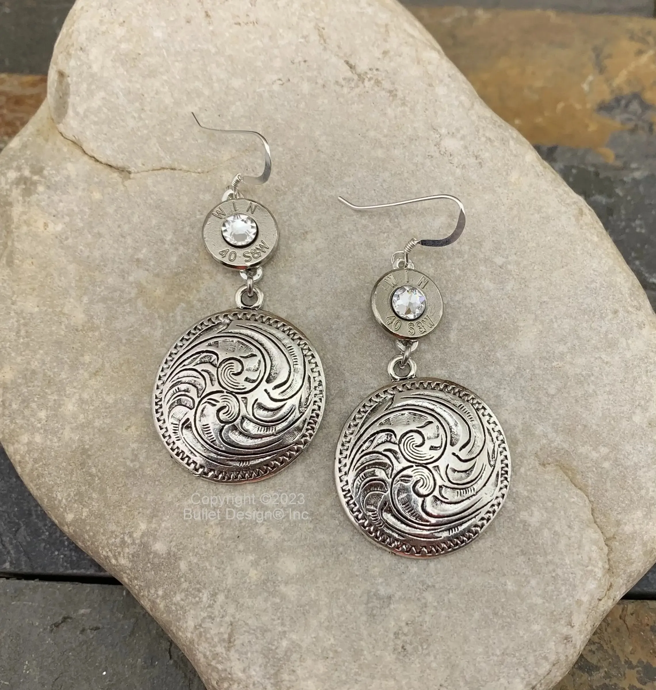 Western Bullet Earrings, 40 S&W Bullet Earrings, Sterling Silver Ear Wires, Cowgirl, Concho, Rodeo, Medallion, Pistol, 40 Caliber